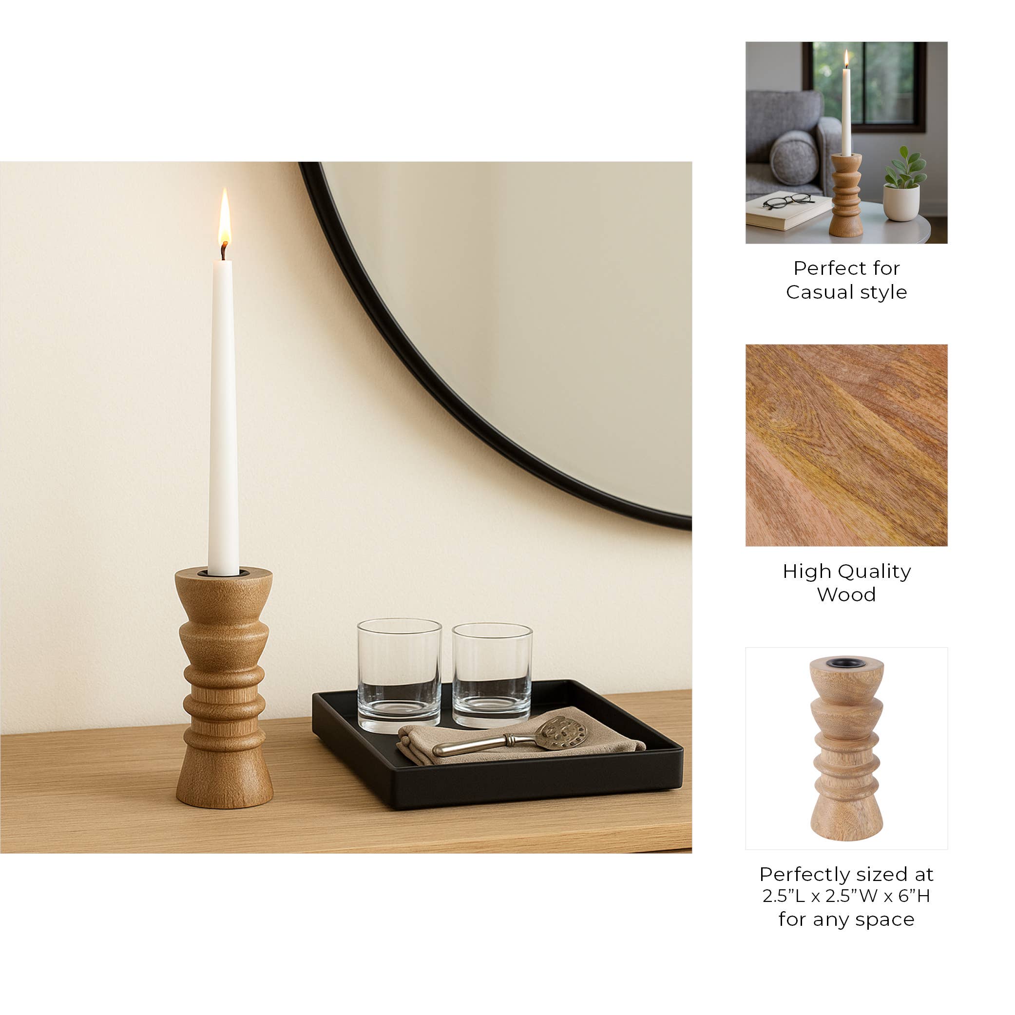 Taper Holder - Tan Wood/Metal Modern Totem Carved, 6 in.