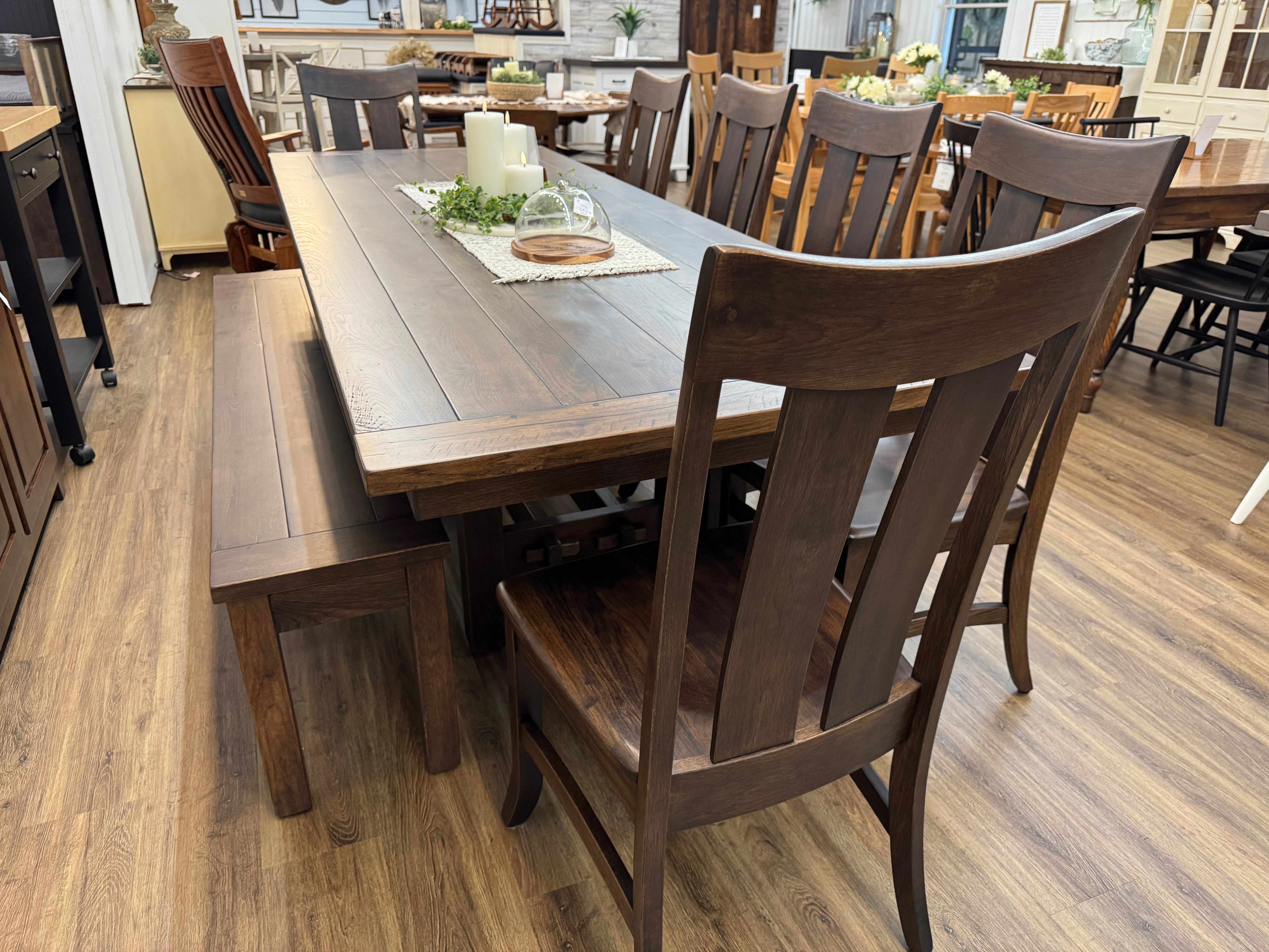 Amish made Sutter Mills trestle dining table in solid Hickory wood with six matching chairs - handcrafted furniture near Lancaster