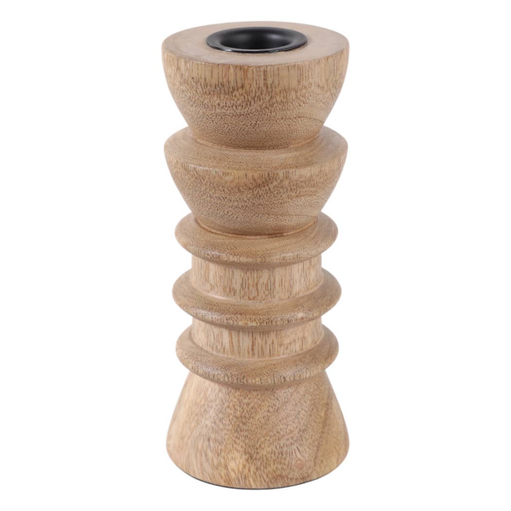 Taper Holder - Tan Wood/Metal Modern Totem Carved, 6 in.