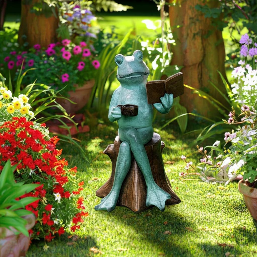 Figurine - Green Resin Frog with Book and Coffee, 13 in.