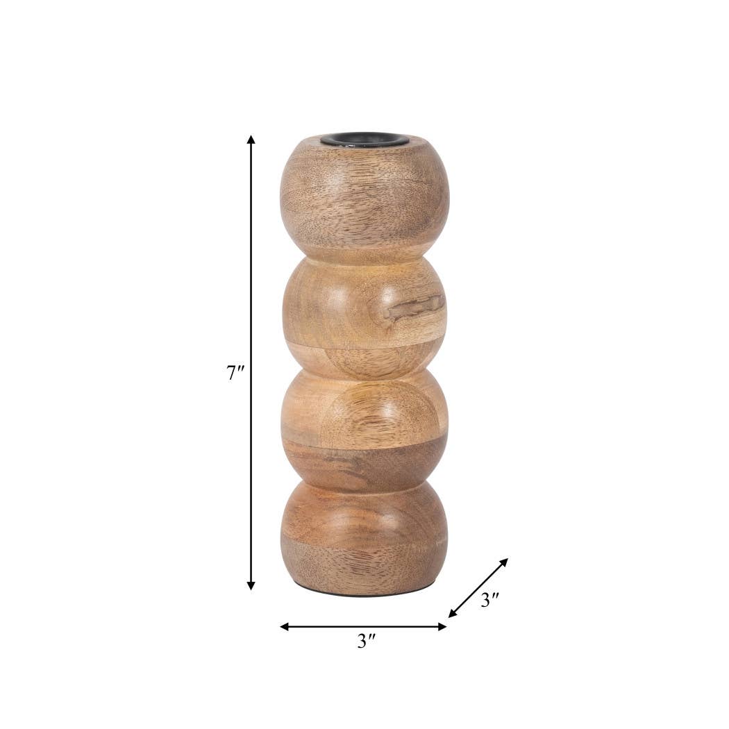 Wood Round Stacked Ribbed Candle Holder - Brown, 7 in.