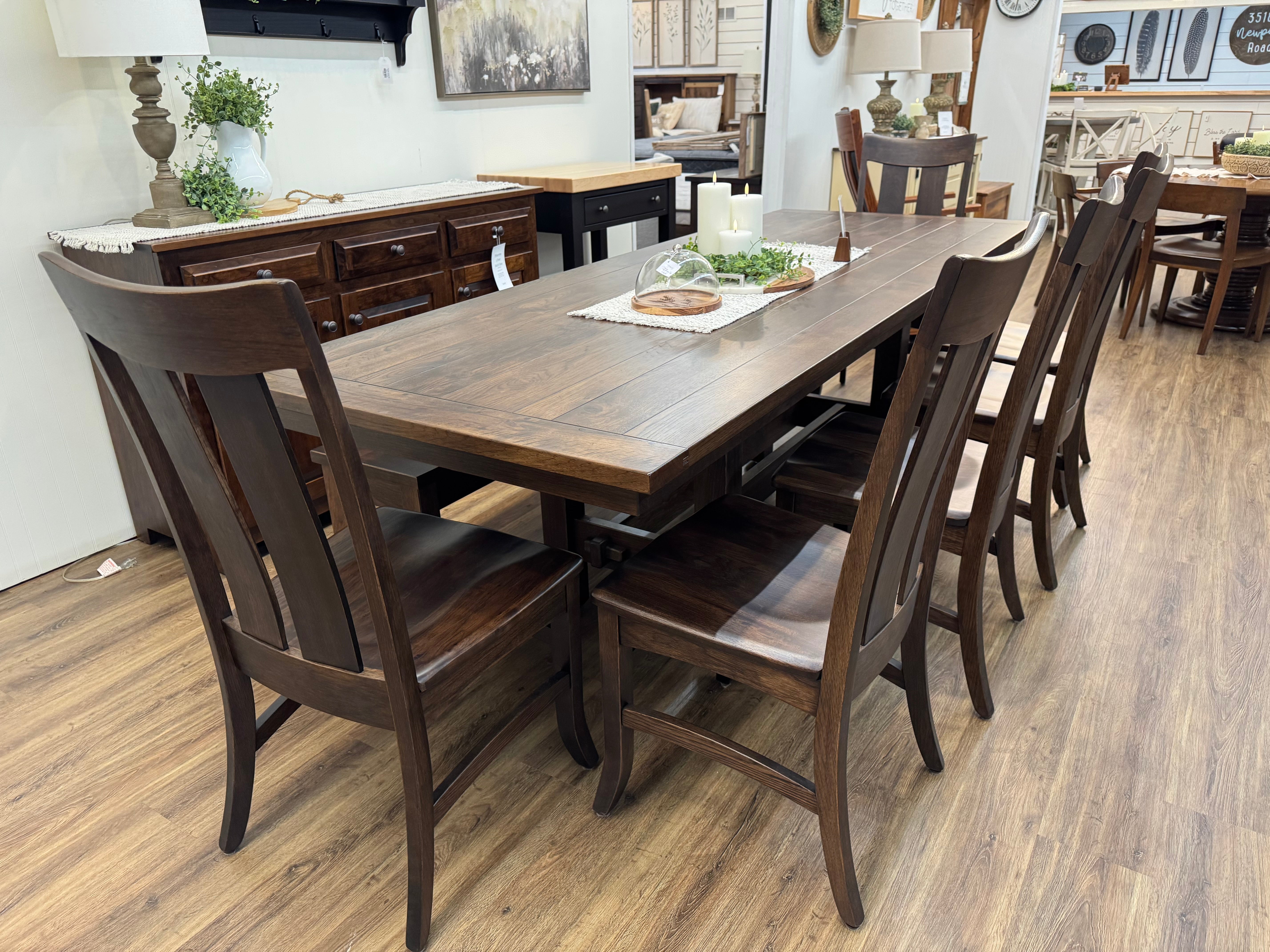 Amish made Sutter Mills trestle dining table in solid Hickory wood with six matching chairs - handcrafted furniture in Lancaster PA
