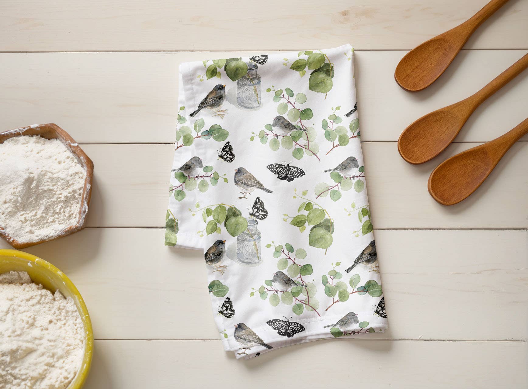 Dark Eyed Juncos & Black Butterflies - Linen Tea Towel