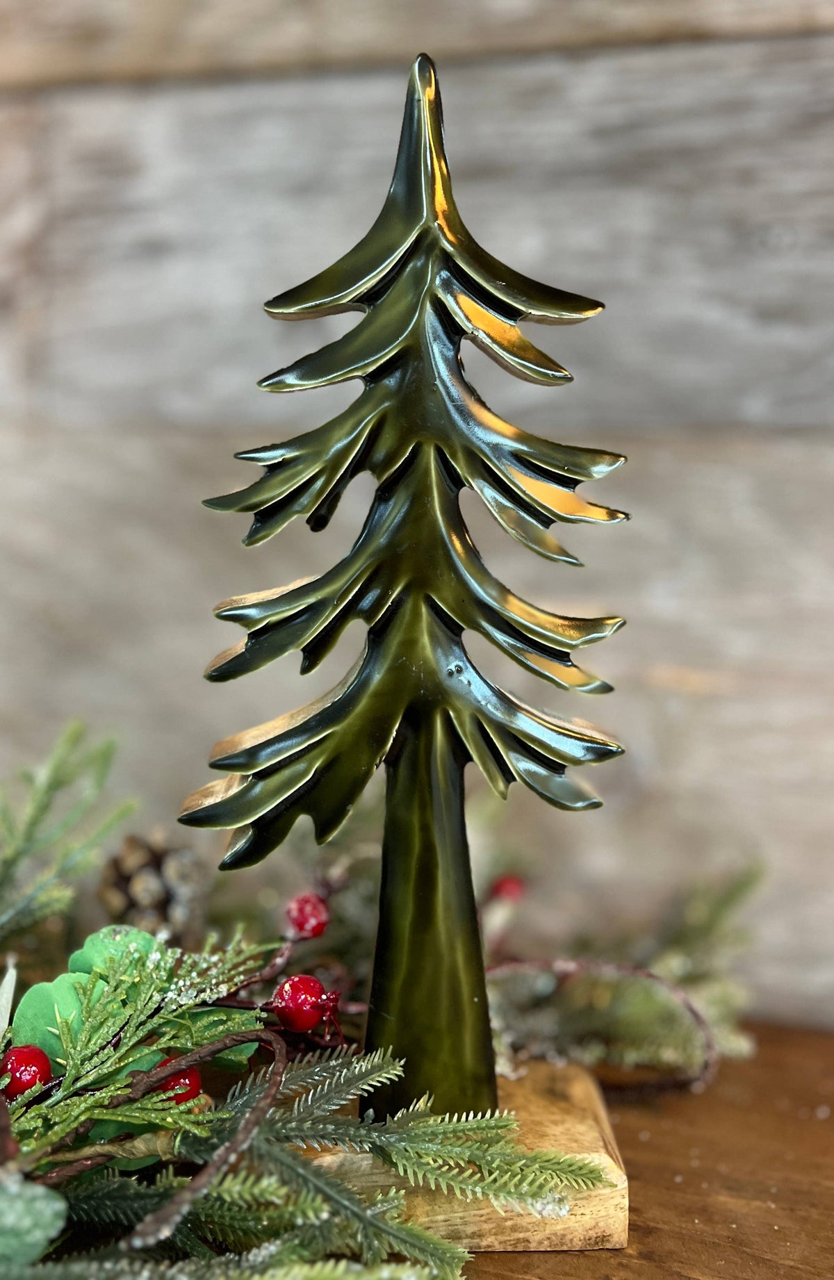 Down Swept Green Enamel Wooden Tree: 12x5in