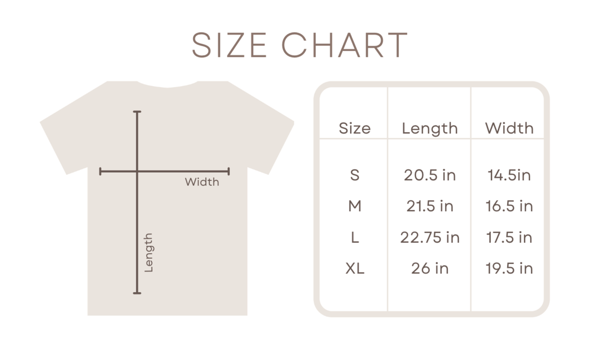 A size chart graphic showing a simple t-shirt outline with measurement arrows labeled length and width, alongside a size table listing S, M, L, and XL measurements in inches.