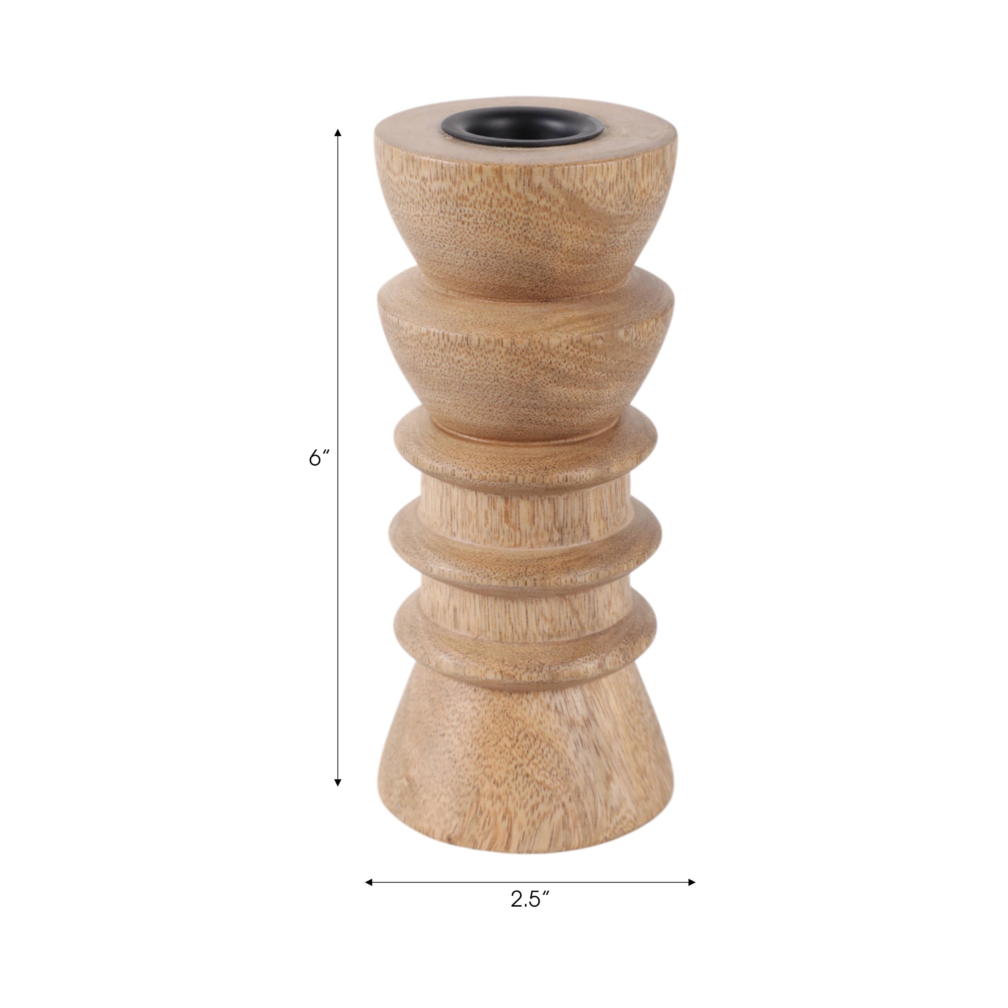 Taper Holder - Tan Wood/Metal Modern Totem Carved, 6 in.