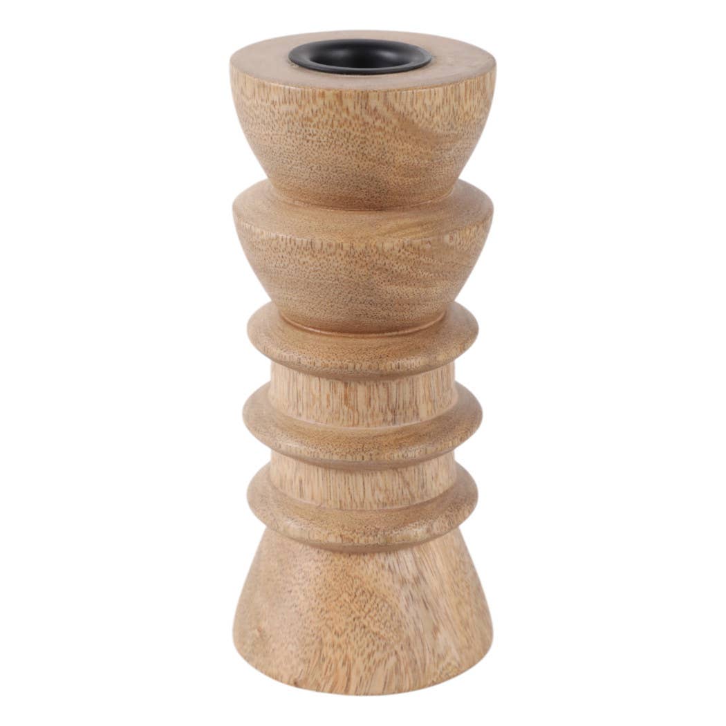 Taper Holder - Tan Wood/Metal Modern Totem Carved, 6 in.