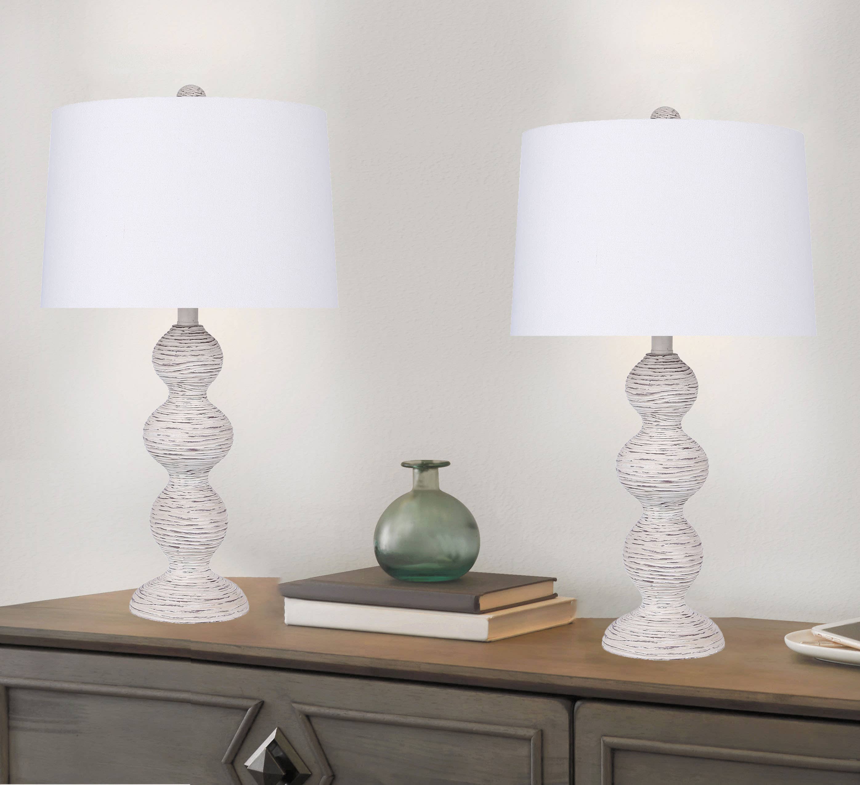 25.5" Polyresin Table Lamp w/ Carved Base & Linen Shade | Set of 2