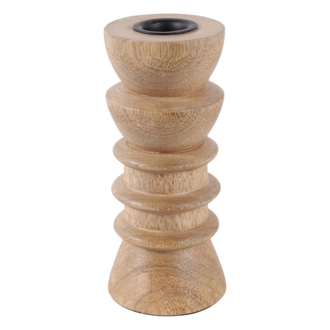 Taper Holder - Tan Wood/Metal Modern Totem Carved, 6 in.