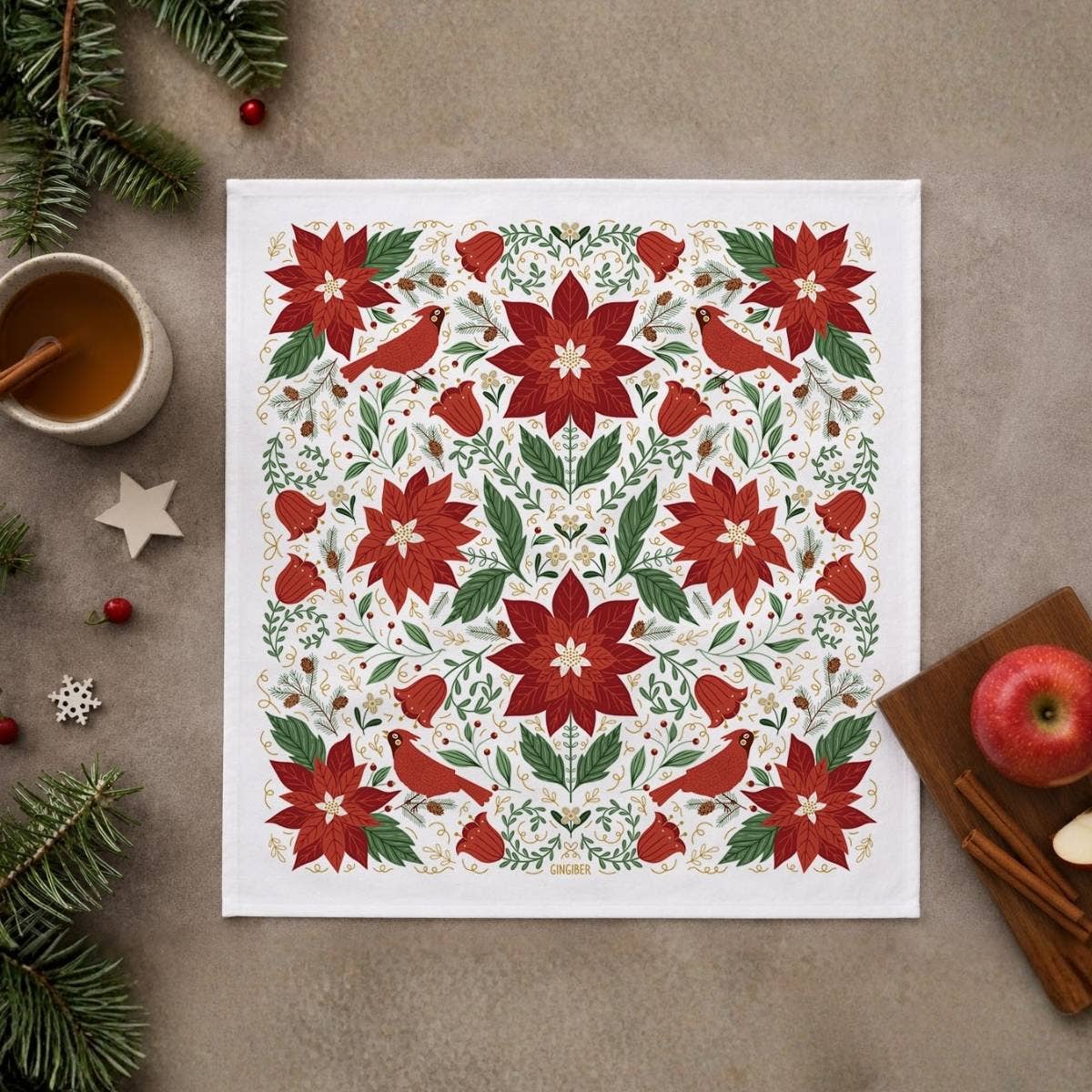 Christmas Poinsettia Tea Towel - Holiday Kitchen Towel