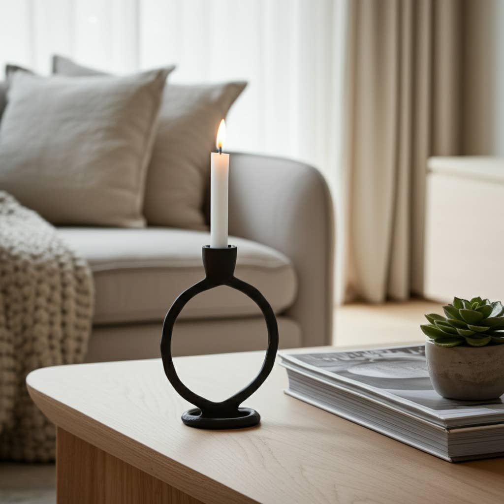 Metal Round Ring Taper Candle Holder - Black, 6 in.