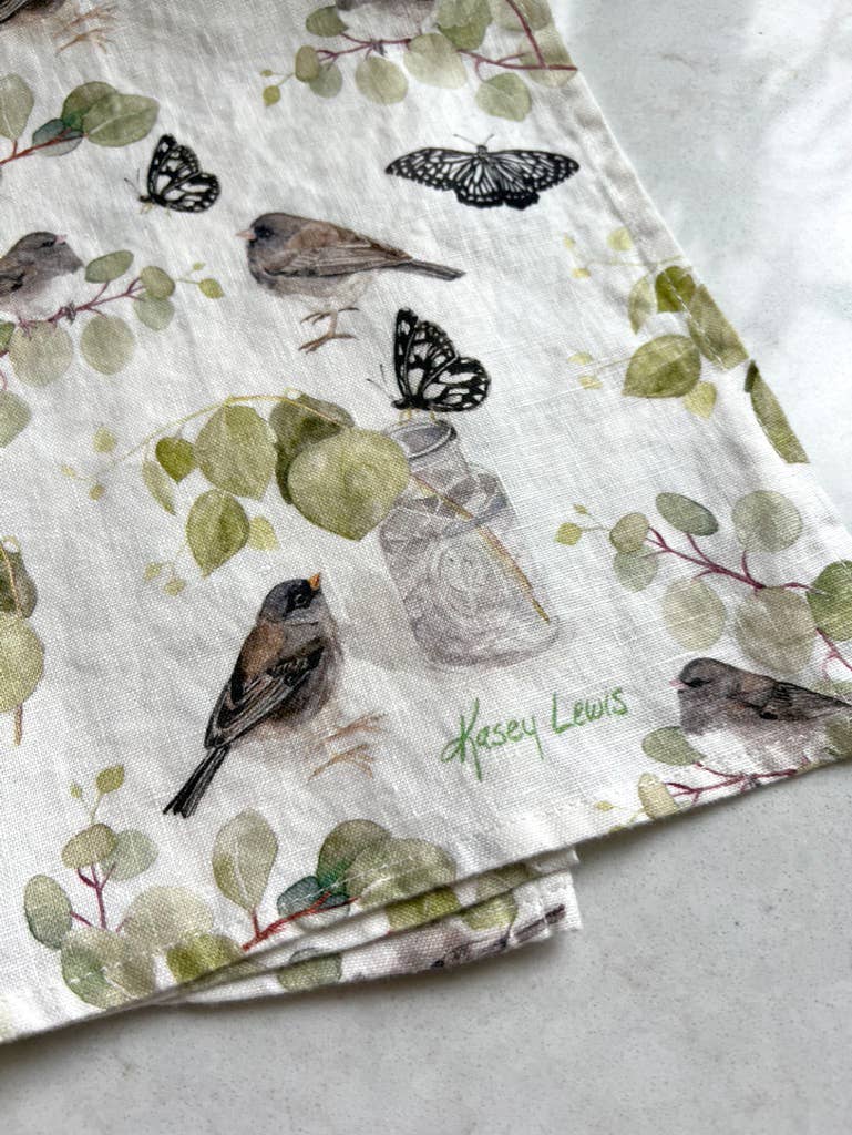 Dark Eyed Juncos & Black Butterflies - Linen Tea Towel