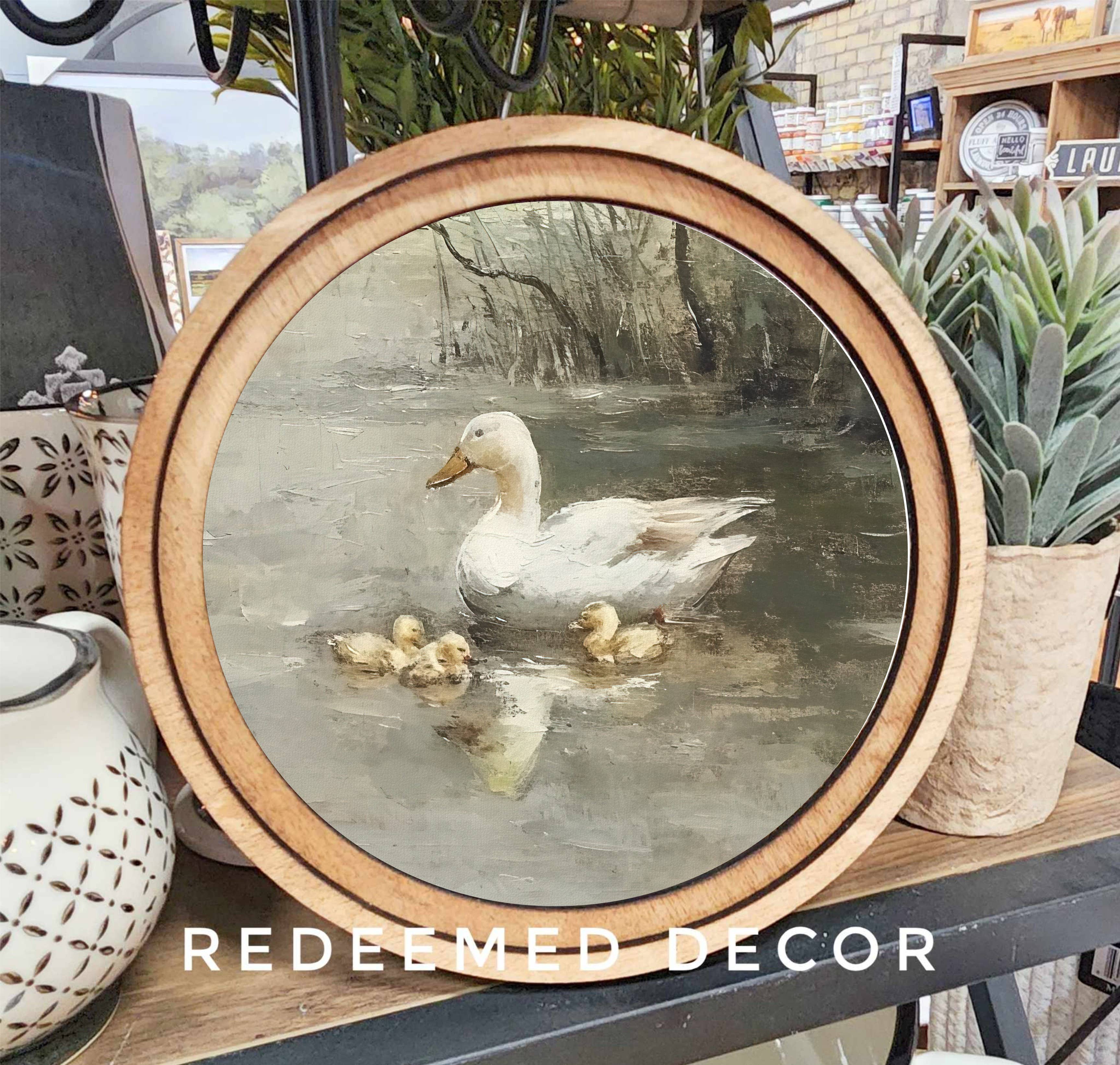 8" Round Vintage Pond Ducks Art