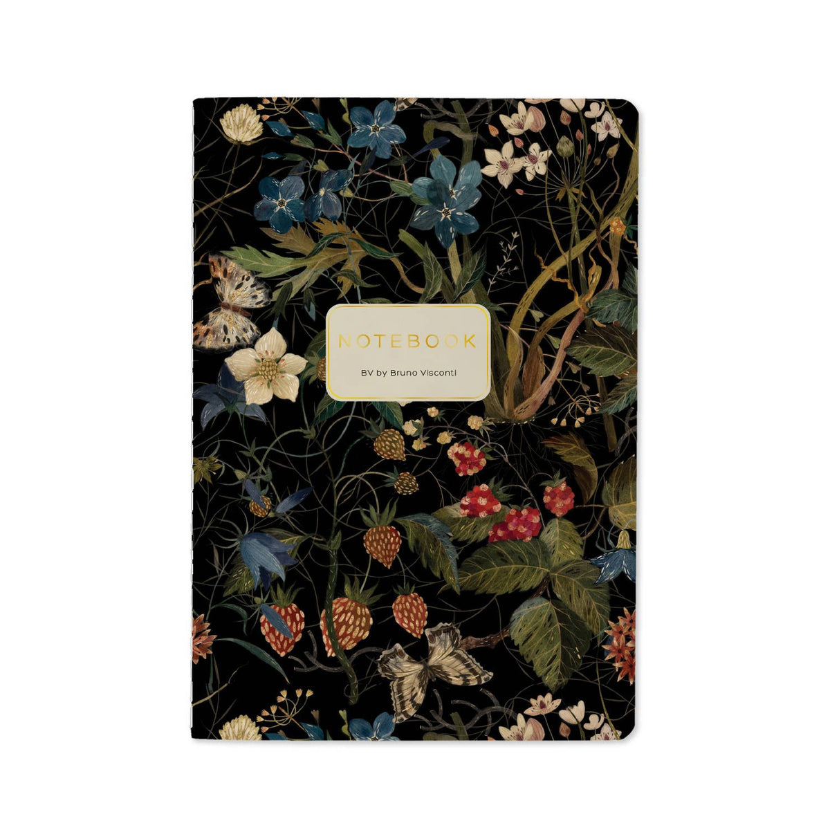 A floral notebook with a black background and an intricate botanical pattern of blue, red, and white flowers with green leaves. A cream-colored label in the center reads 'NOTEBOOK' with 'By Bruno Visconti' underneath.