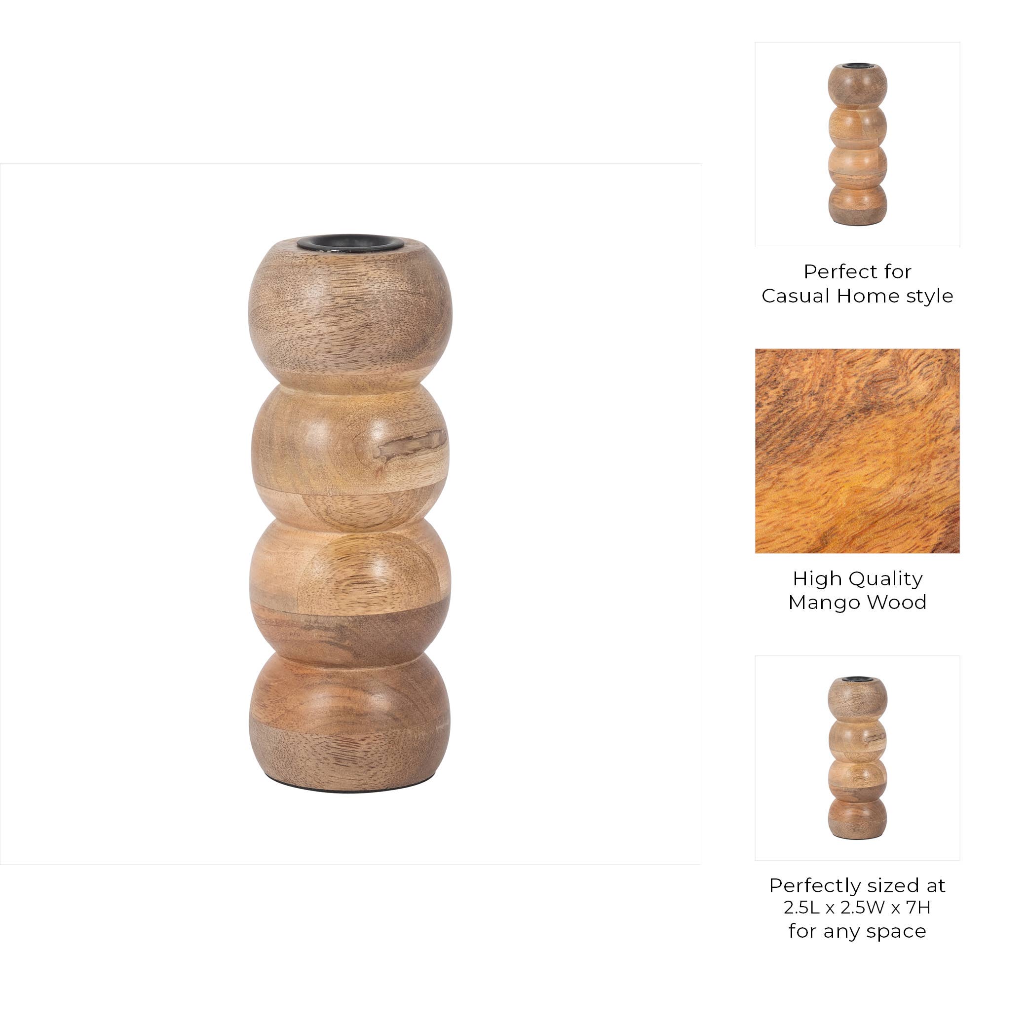 Wood Round Stacked Ribbed Candle Holder - Brown, 7 in.