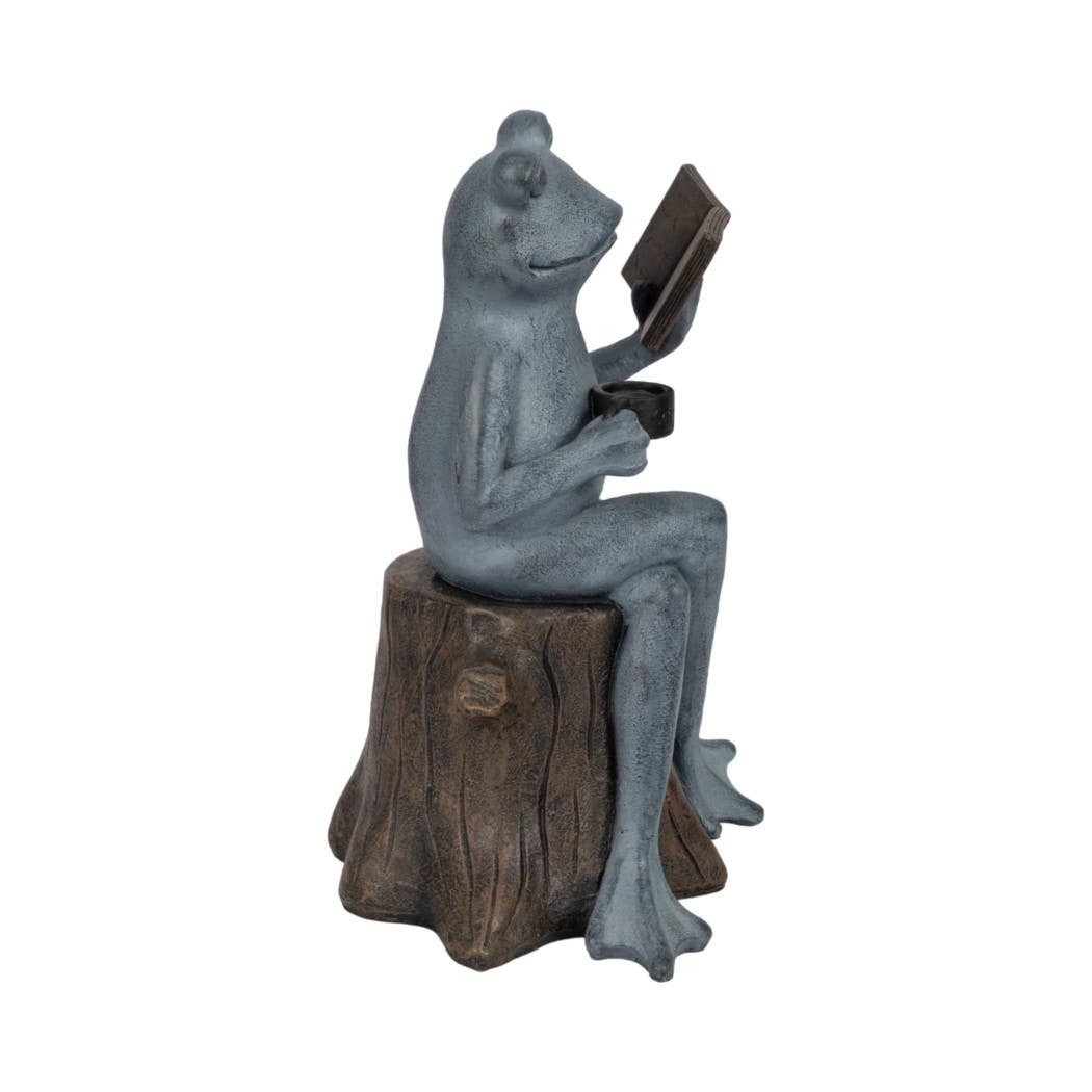 Figurine - Green Resin Frog with Book and Coffee, 13 in.