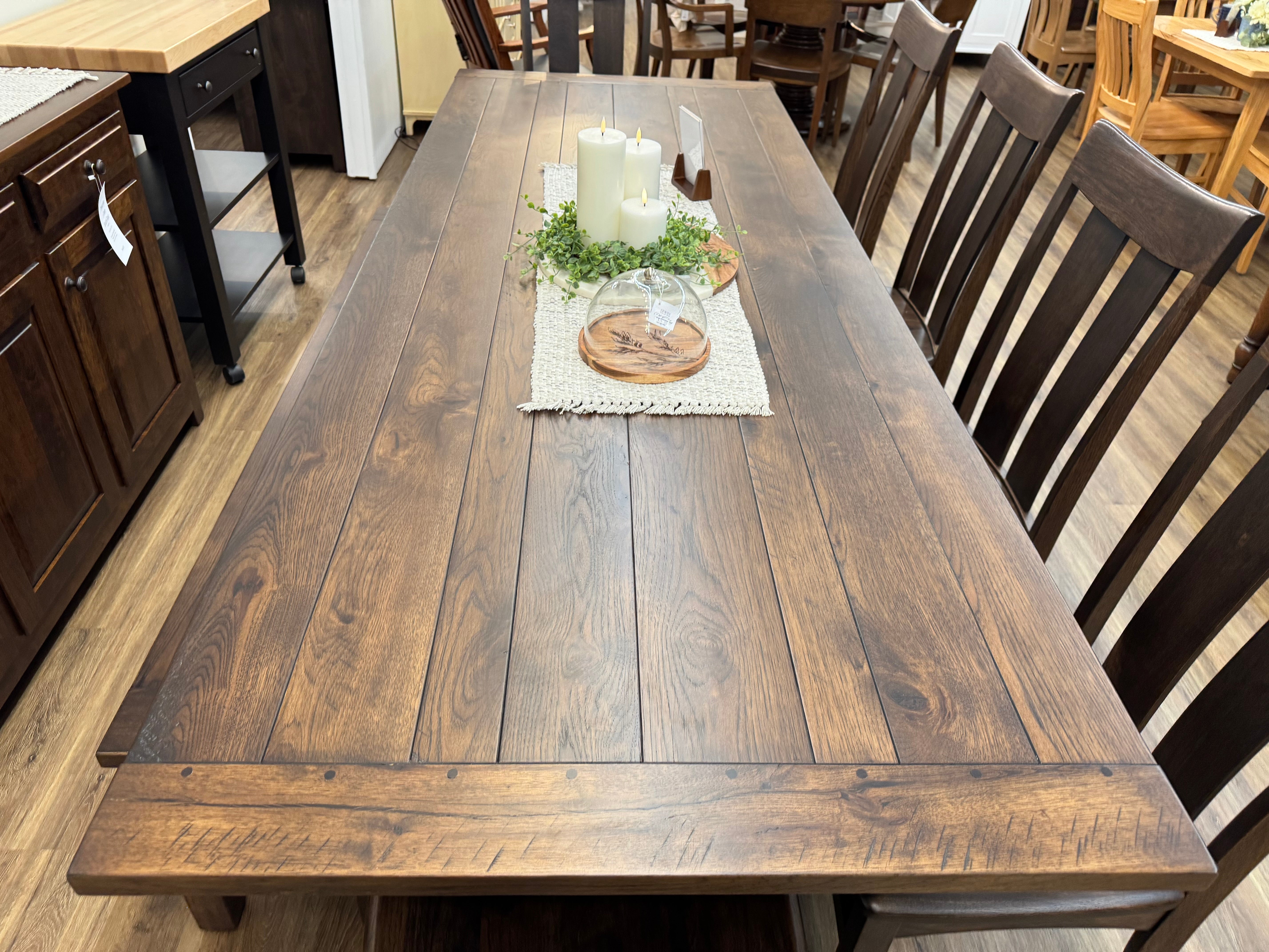Lancaster Amish made Sutter Mills trestle dining table in solid Hickory wood with six matching chairs - handcrafted furniture