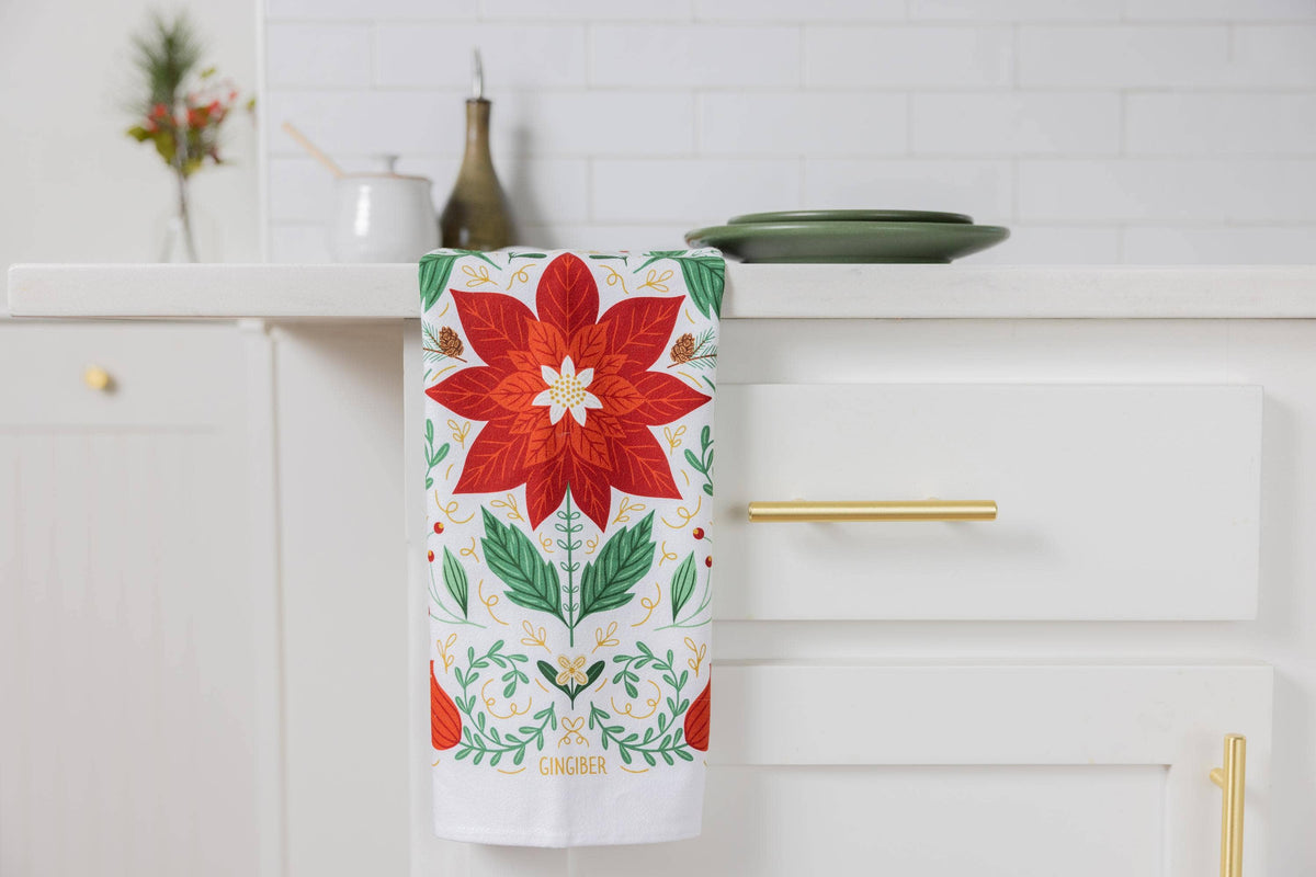 Christmas Poinsettia Tea Towel - Holiday Kitchen Towel