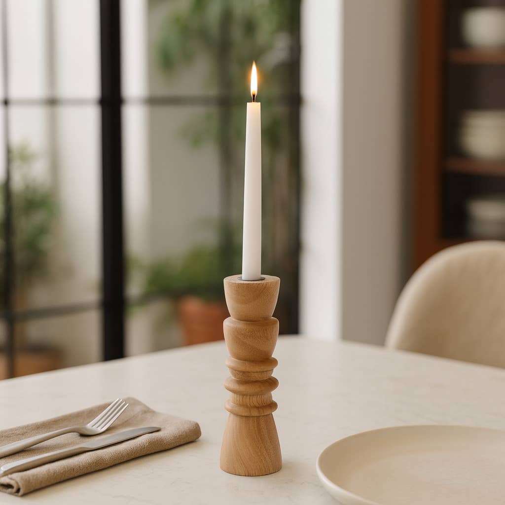 Taper Holder - Tan Wood/Metal Modern Totem Carved, 8 in.