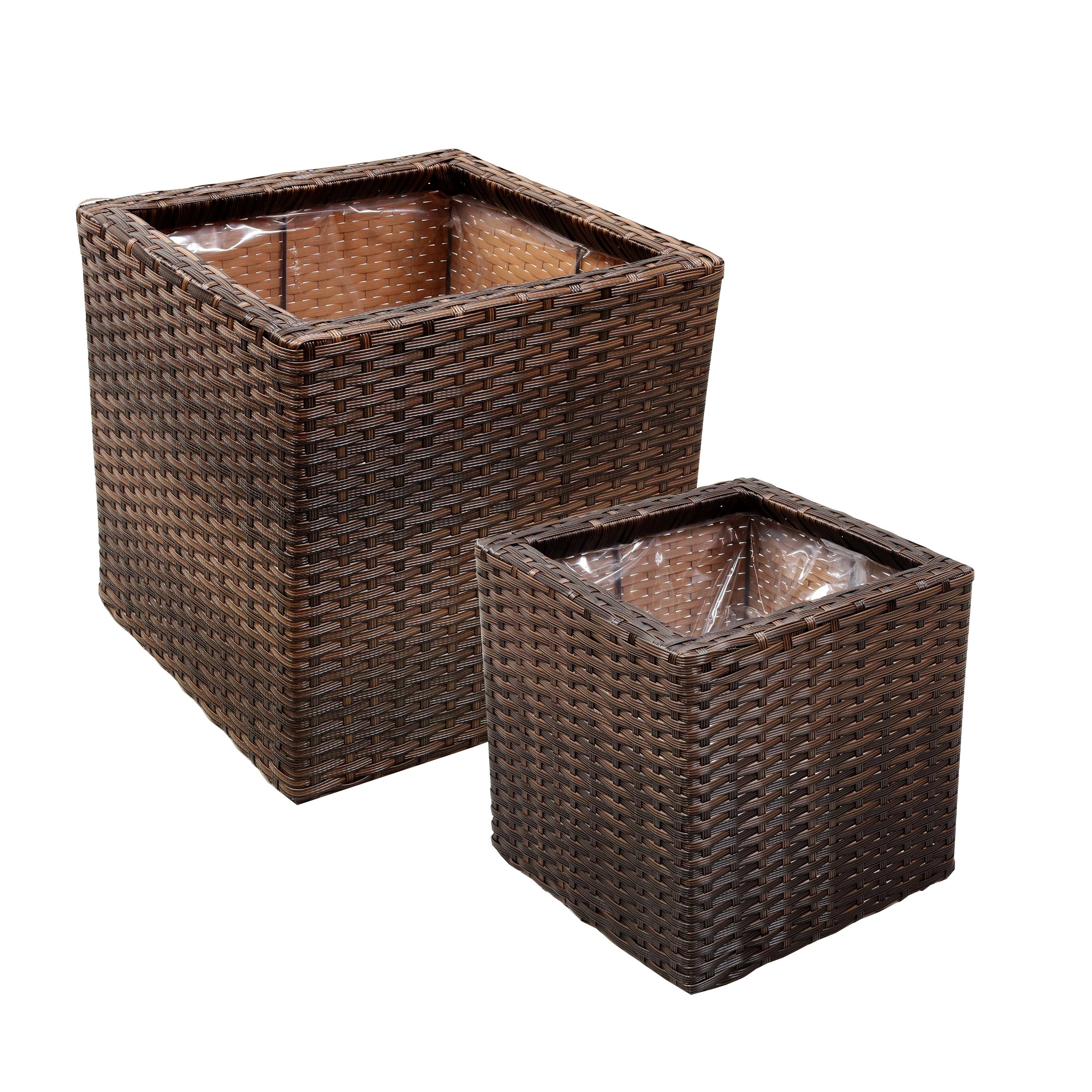 Square Polyrattan Indoor Planters - 1 Large/1 Small - Brown