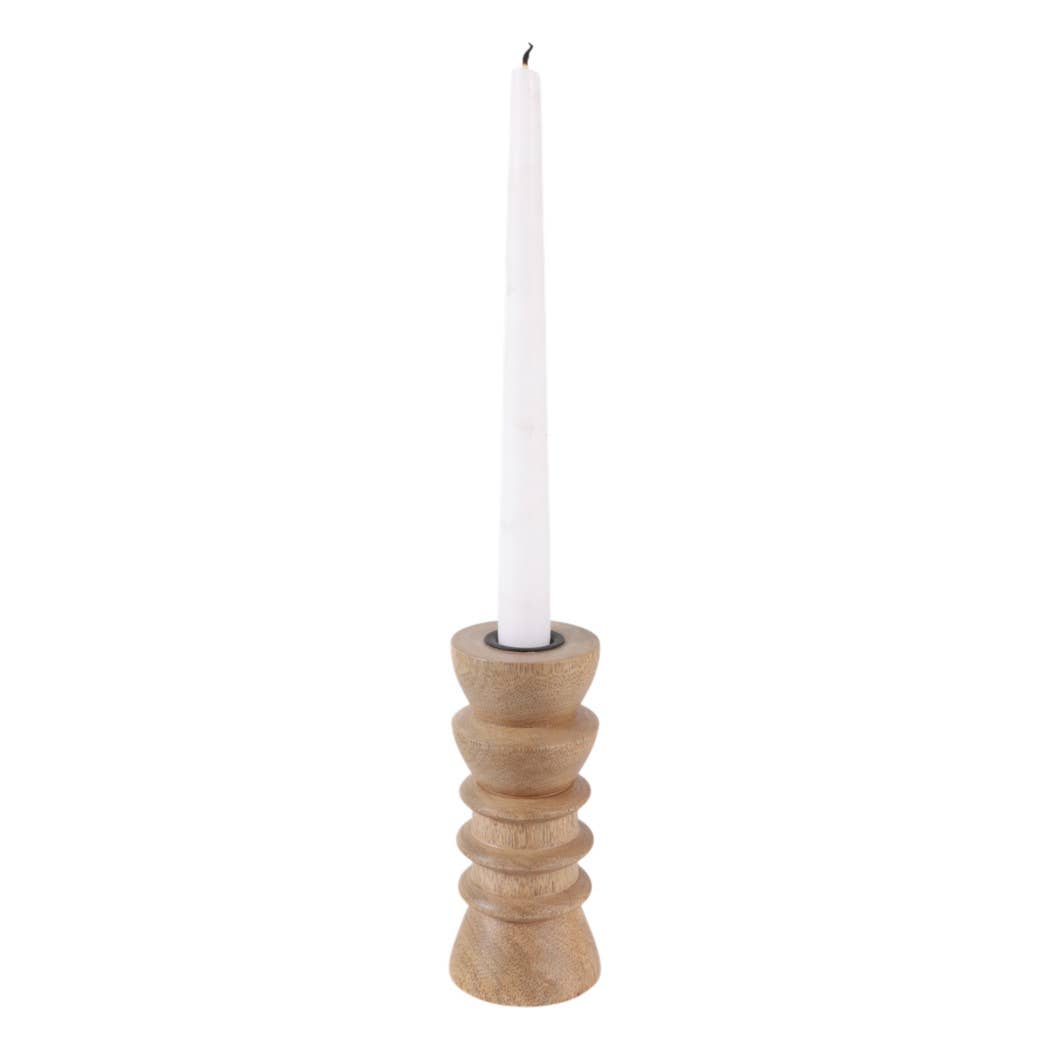 Taper Holder - Tan Wood/Metal Modern Totem Carved, 6 in.