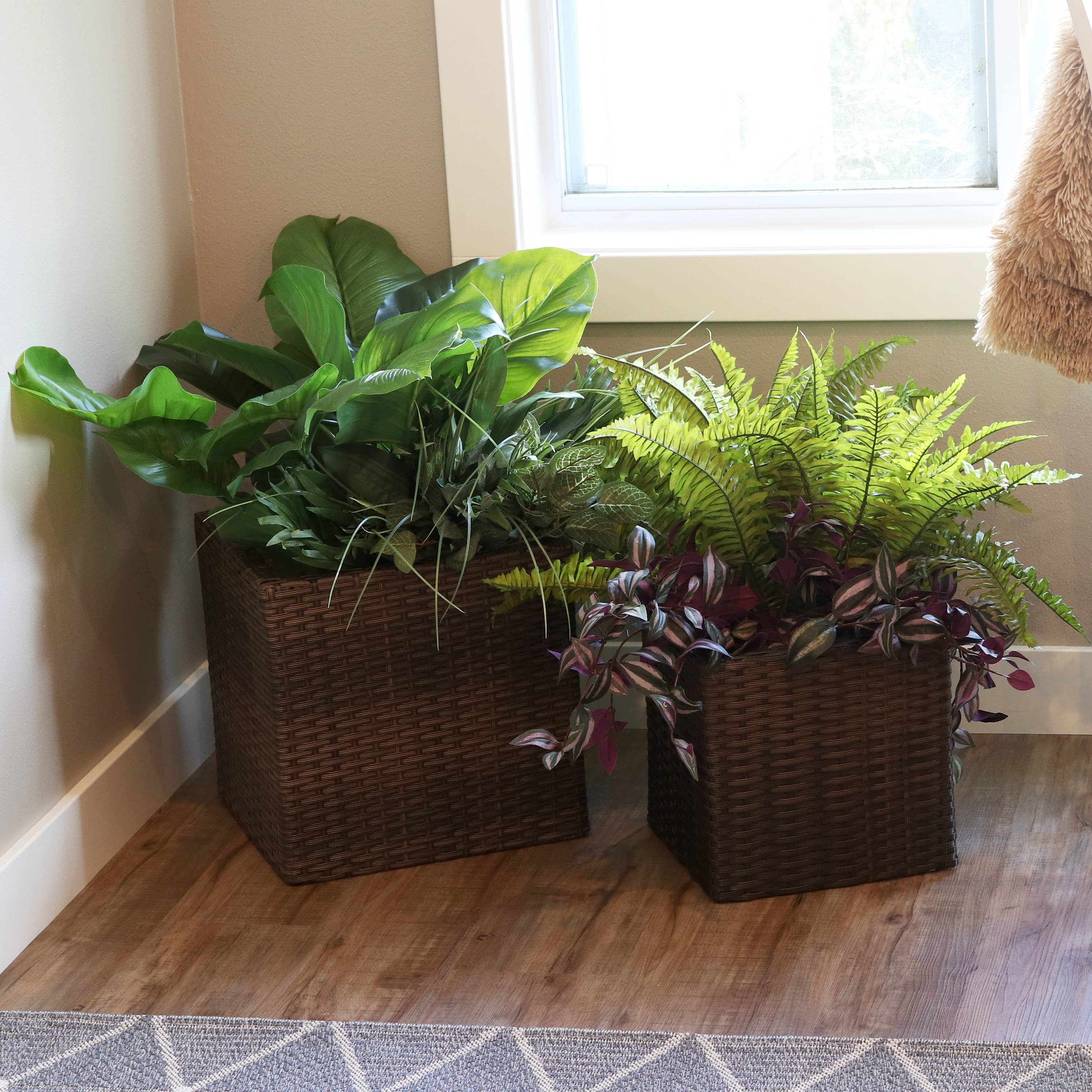 Square Polyrattan Indoor Planters - 1 Large/1 Small - Brown