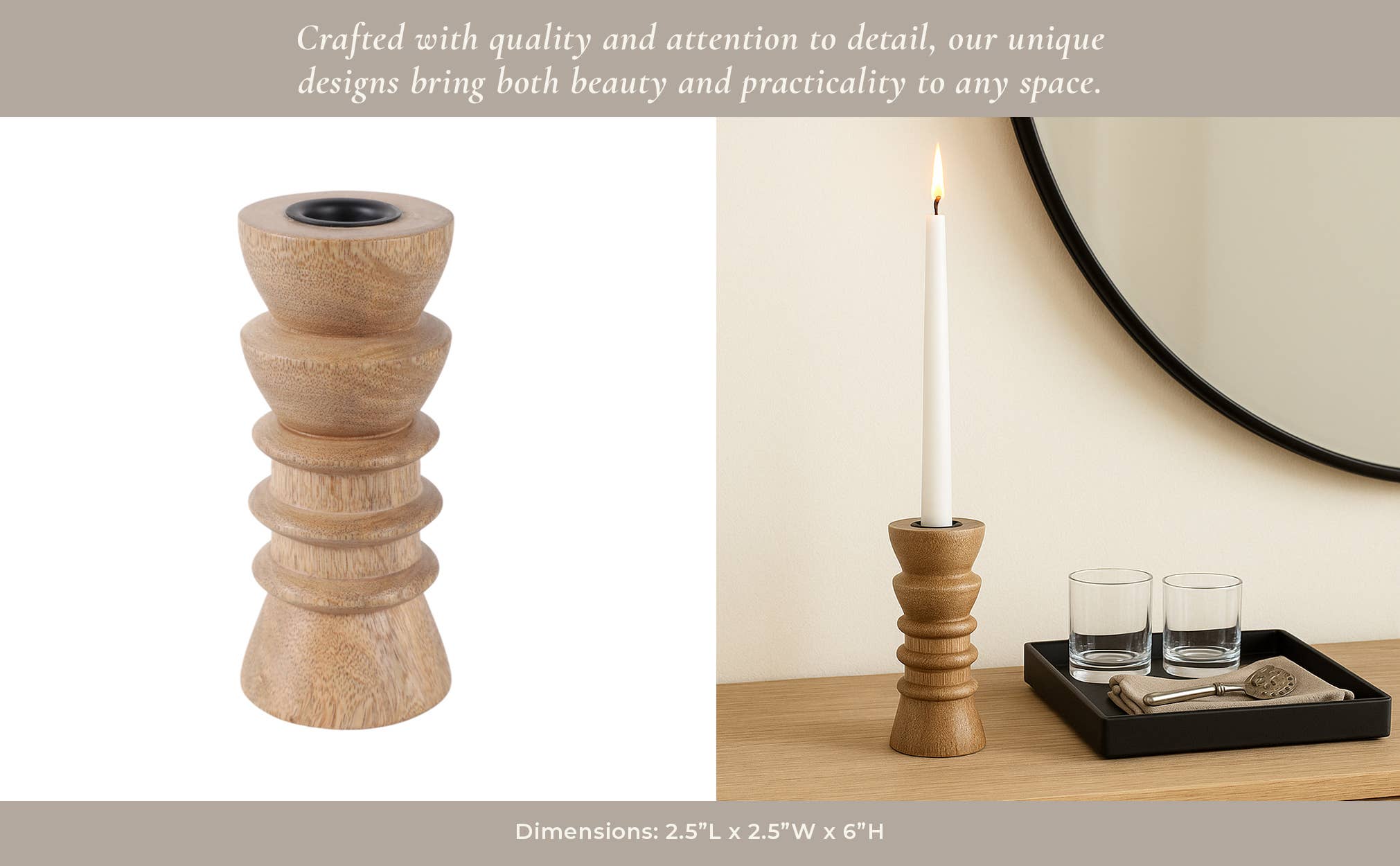 Taper Holder - Tan Wood/Metal Modern Totem Carved, 6 in.