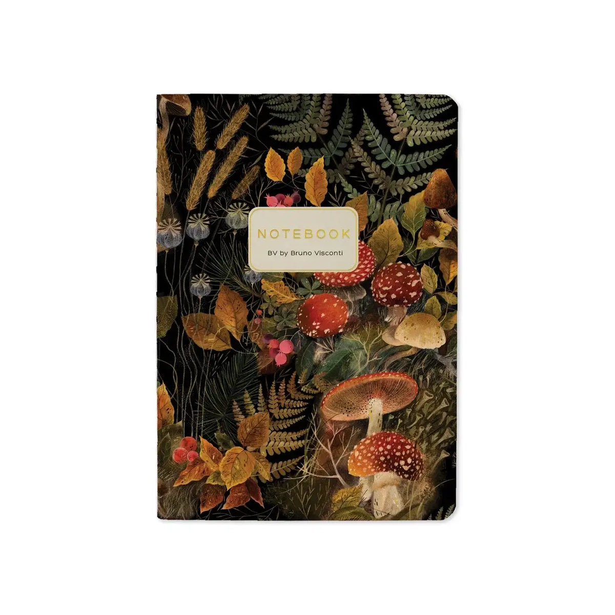 Notebook with a forest design featuring mushrooms and foliage on a black background