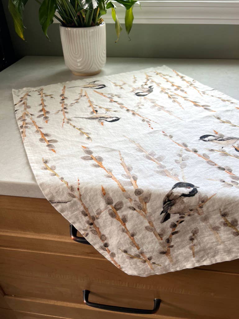 Black Capped Chickadees and Pussy Willows - Linen Tea Towel
