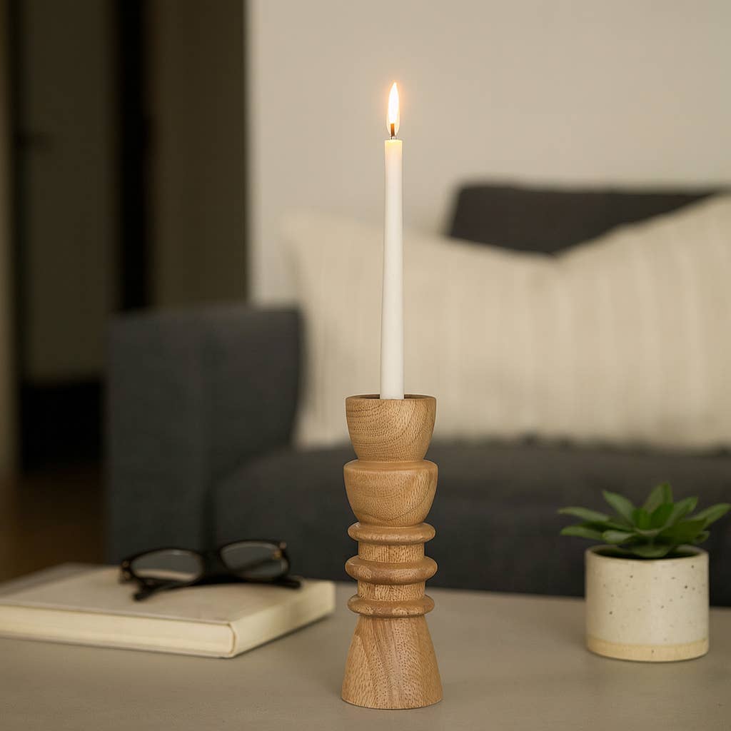 Taper Holder - Tan Wood/Metal Modern Totem Carved, 8 in.