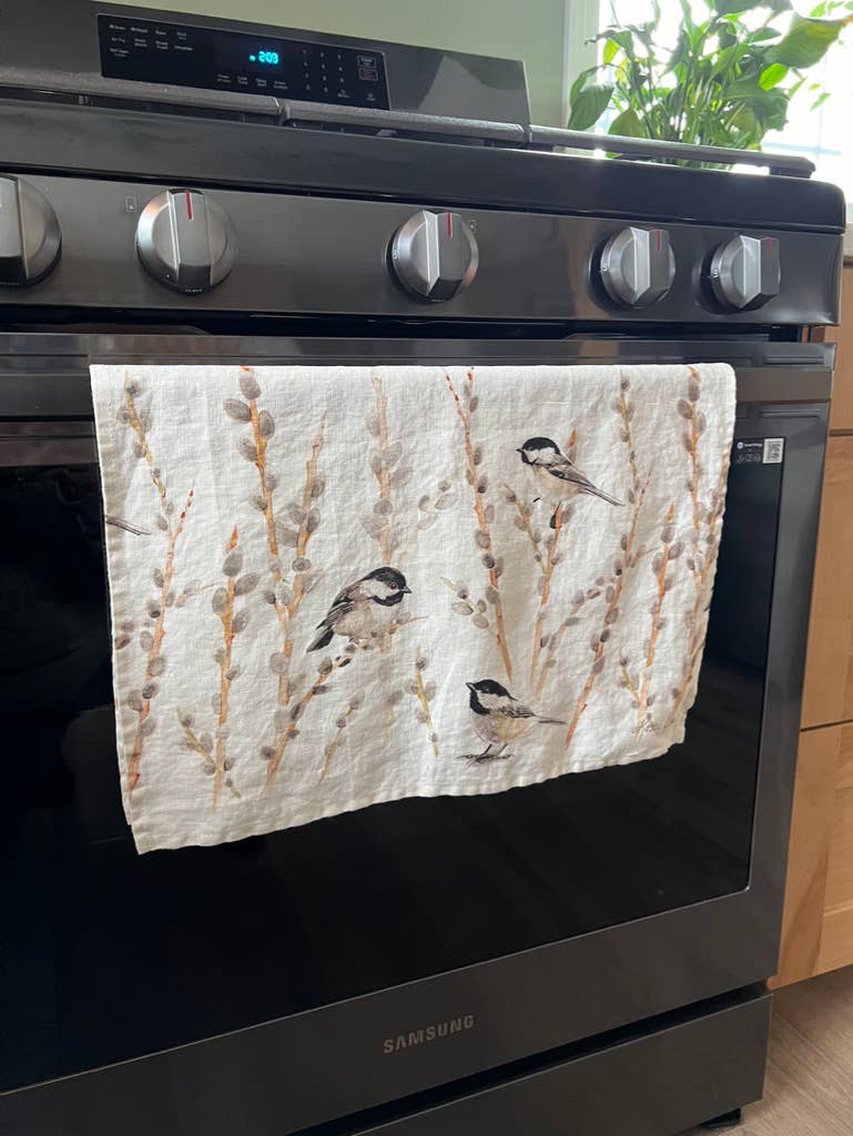 Black Capped Chickadees and Pussy Willows - Linen Tea Towel