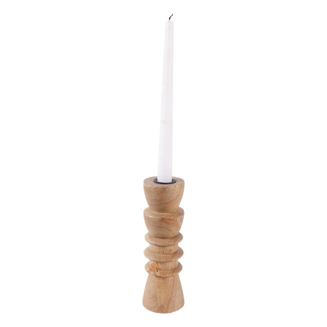 Taper Holder - Tan Wood/Metal Modern Totem Carved, 8 in.