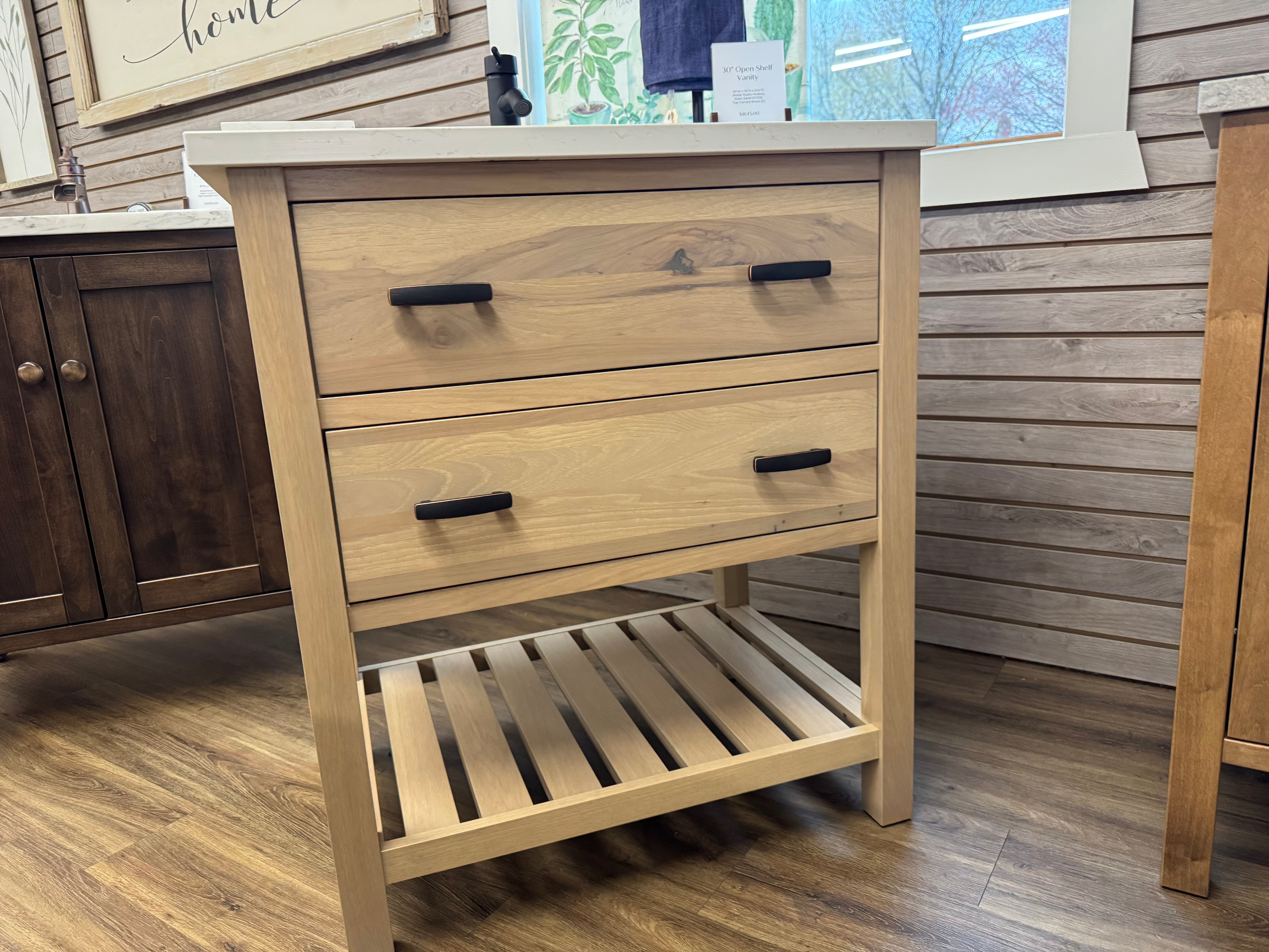 Amish made 30 inch bathroom open shelf vanity in rustic hickory - handcrafted furniture in Lancaster