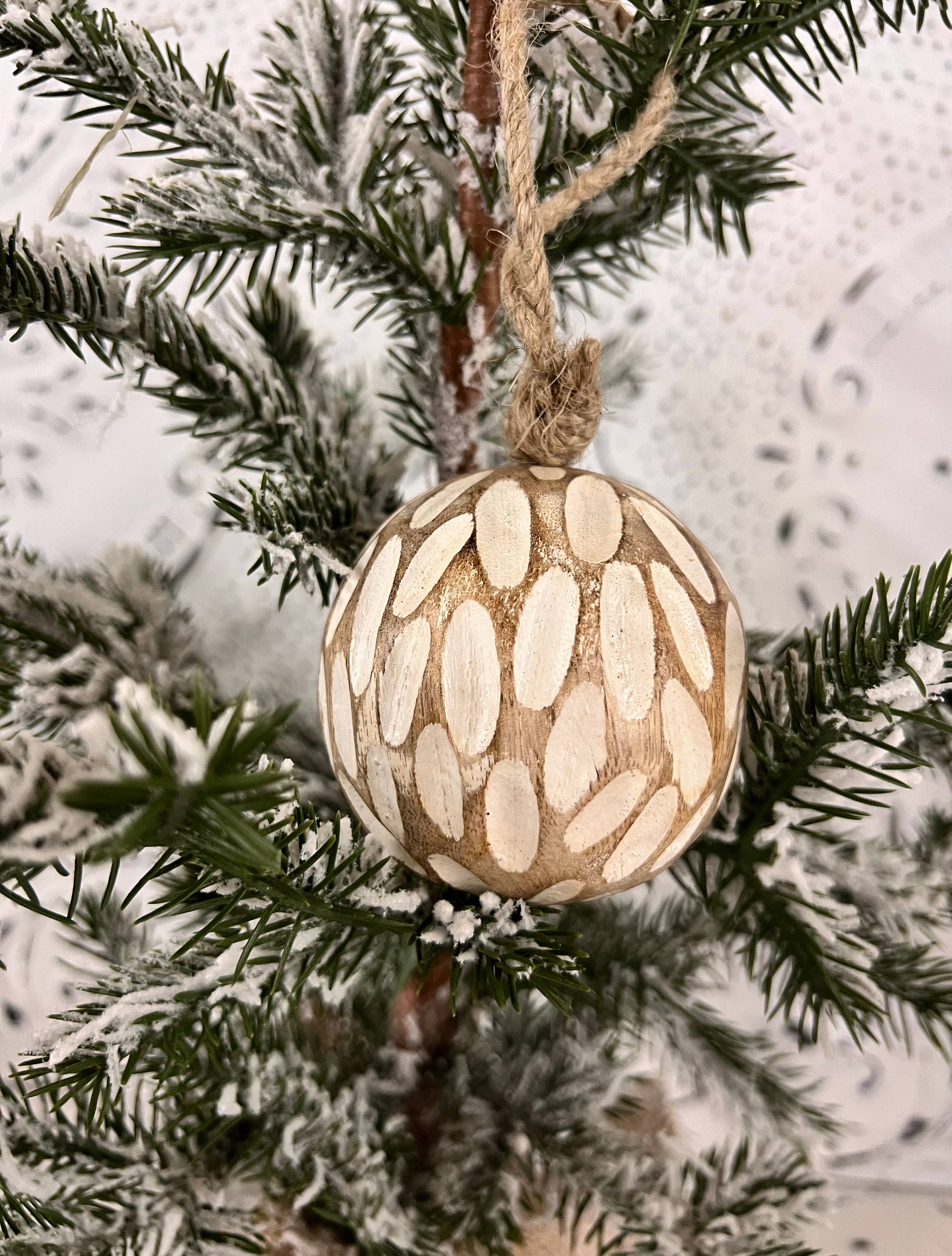 Scooped Carved Mangowood Hanging Ball Ornament 2.5in