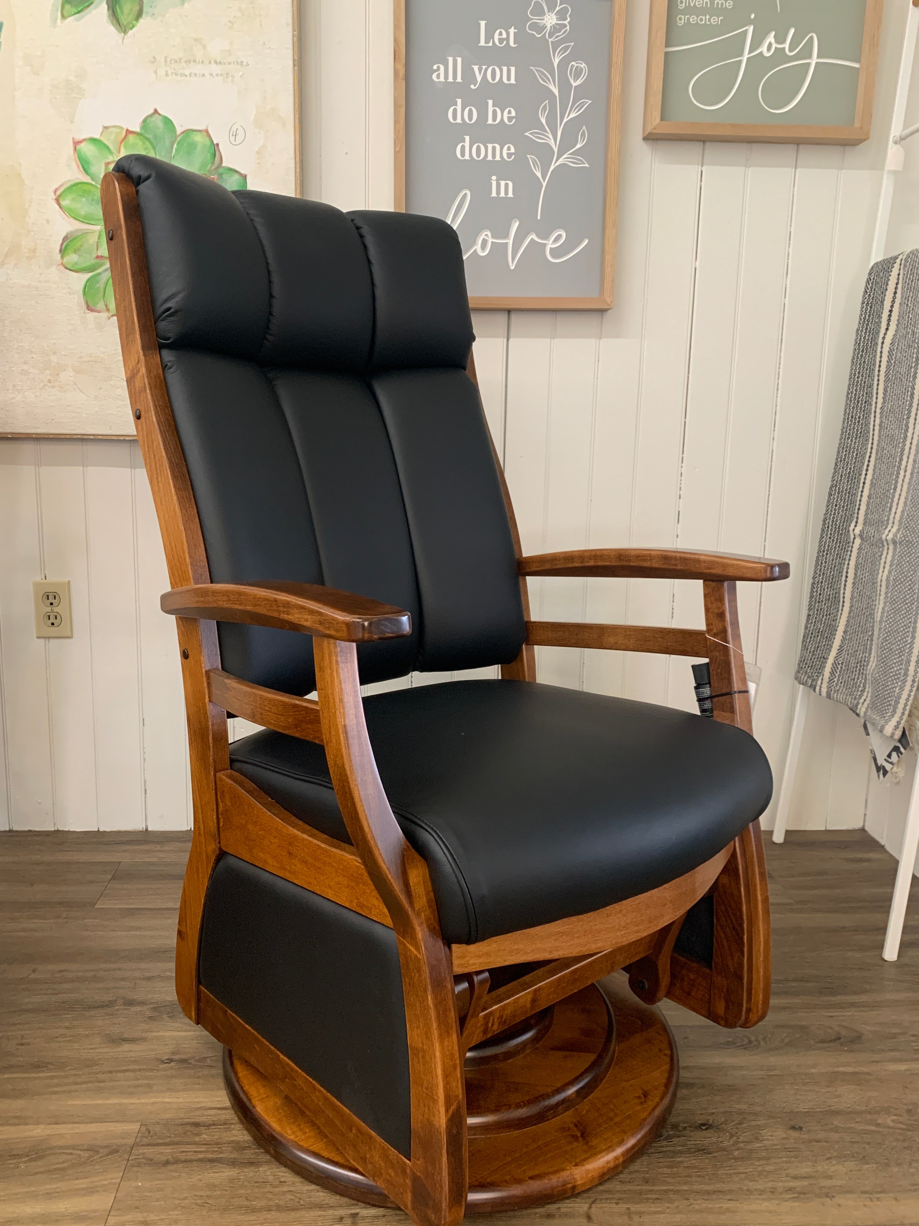 Handcrafted Amish swivel glider, rocker with solid hardwood frame and cushion seat