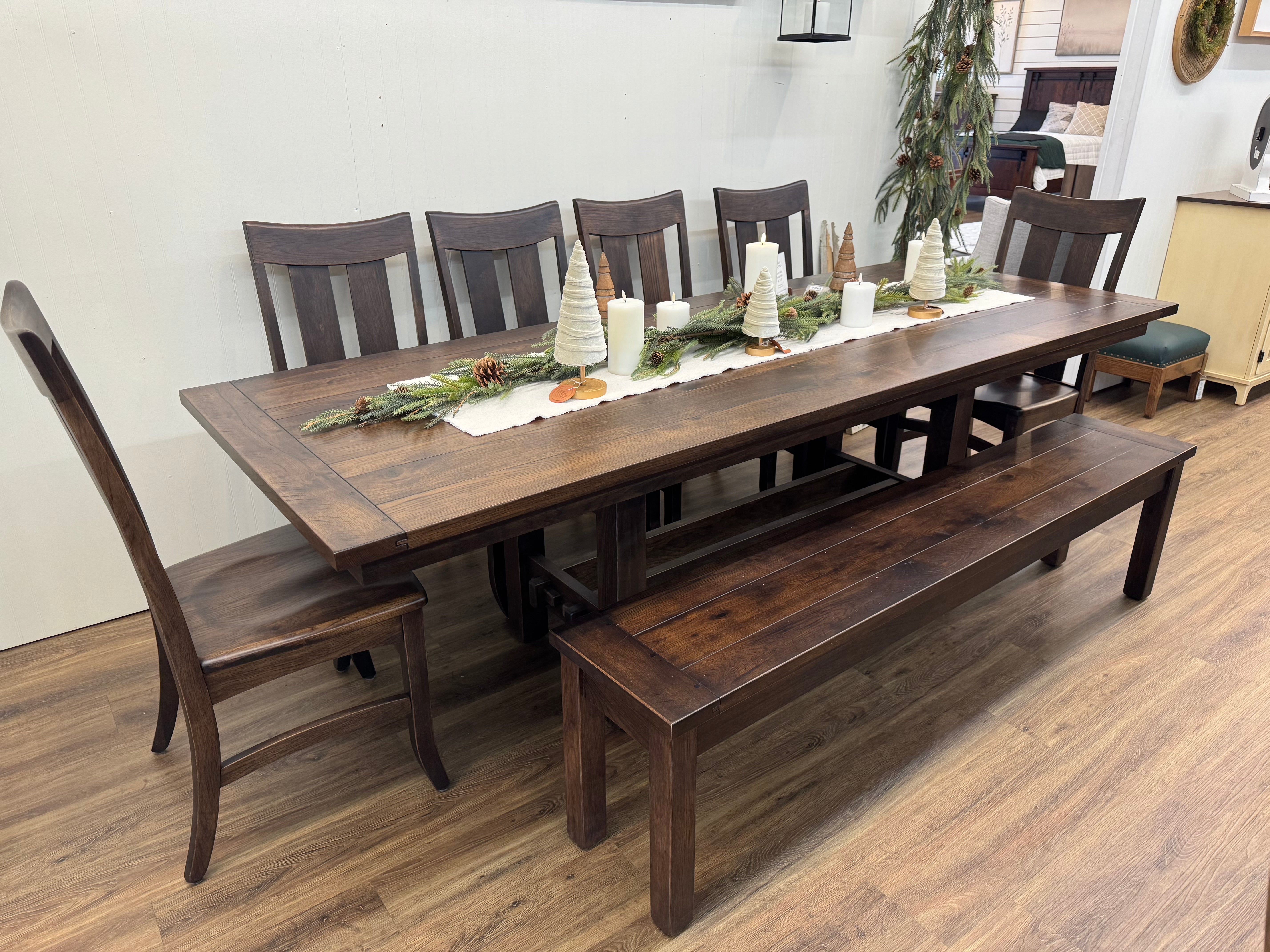Amish made dining table in solid Hickory wood with six matching chairs - handcrafted furniture in Lancaster