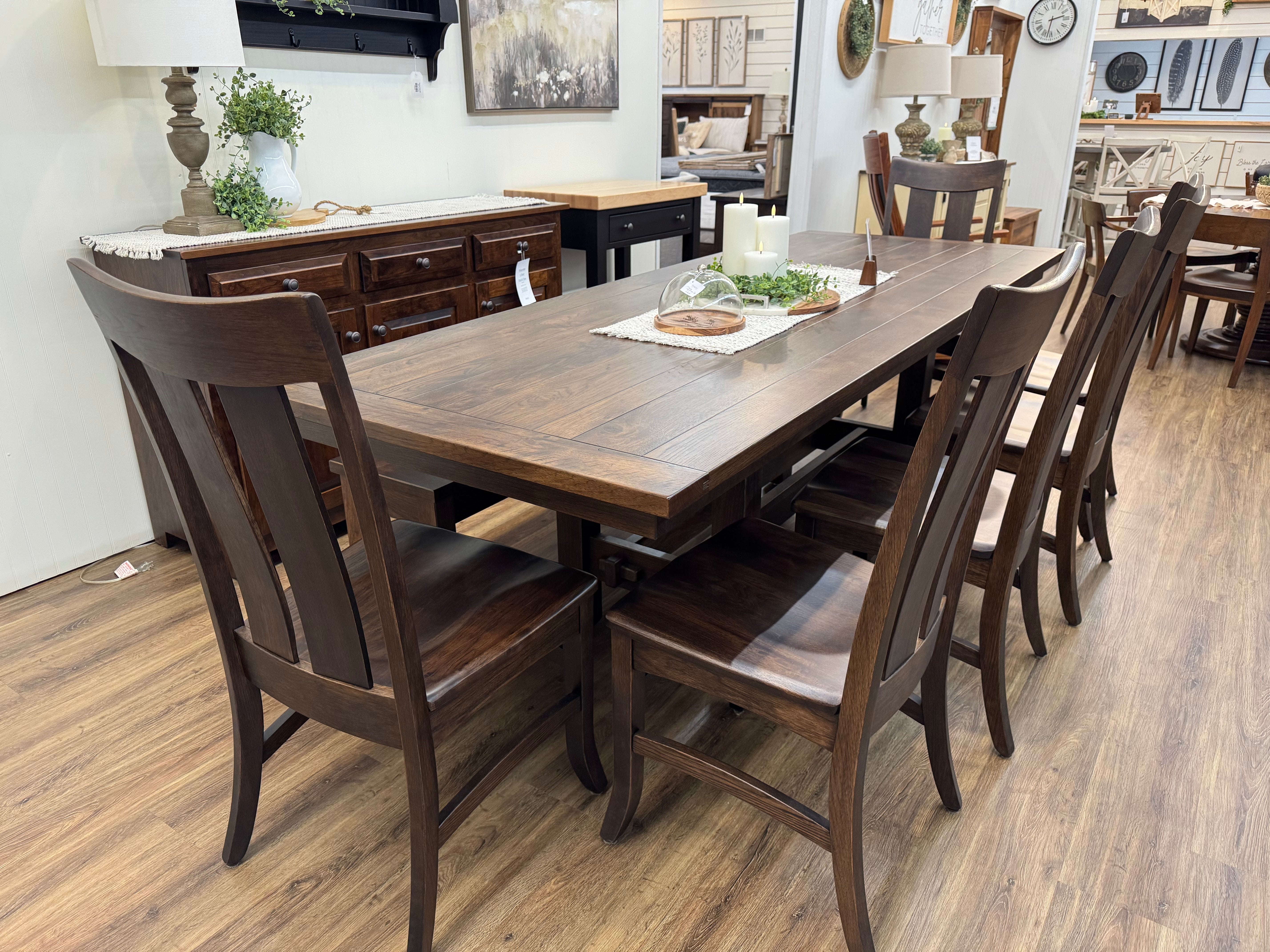 Amish made Sutter Mills trestle dining table in solid Hickory wood with six matching chairs - handcrafted furniture in Lancaster