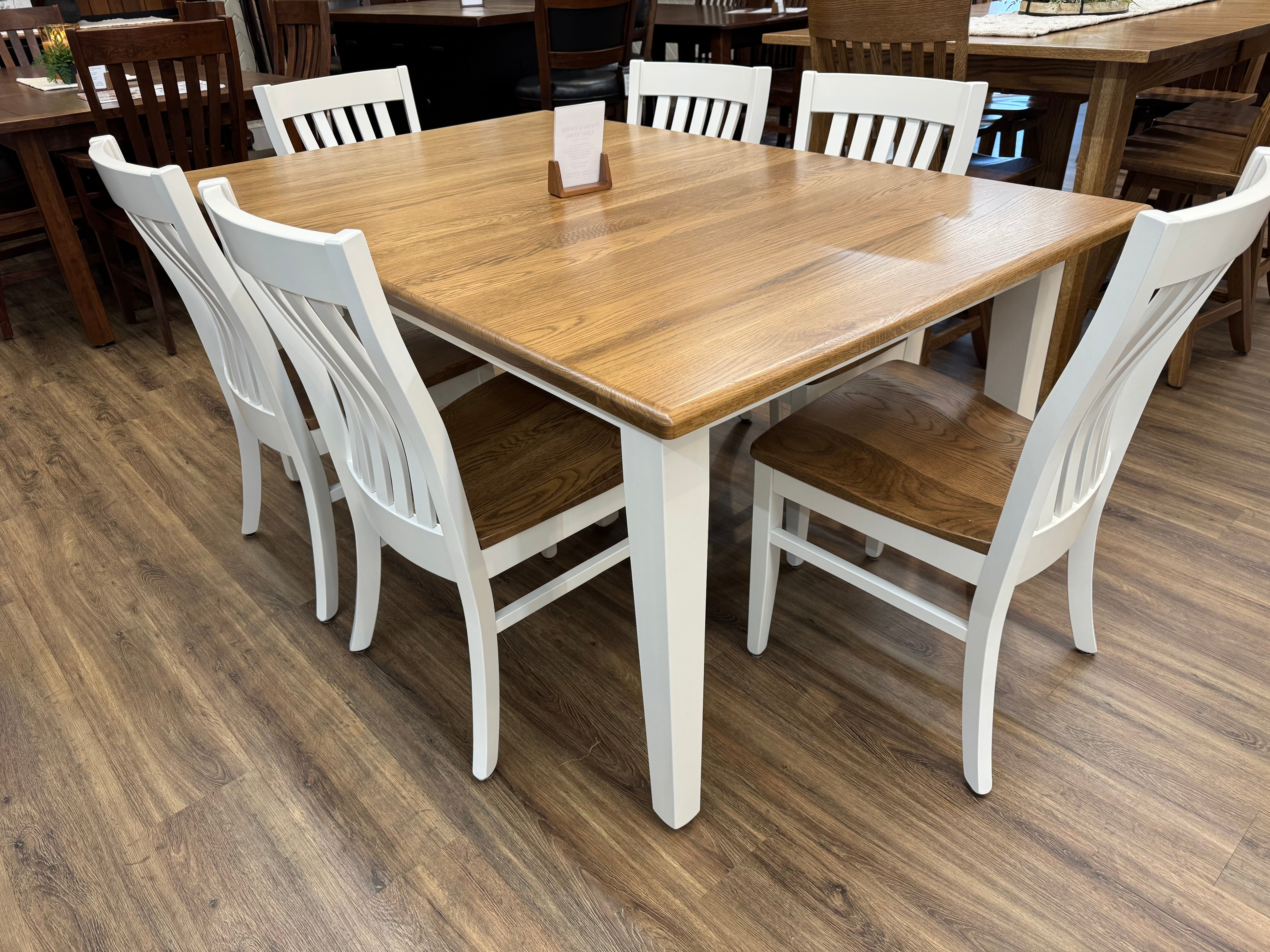 Amish made Portland dining table with a solid oak top, a maple base and six matching chairs - handcrafted furniture in Lancaster Pennsylvania