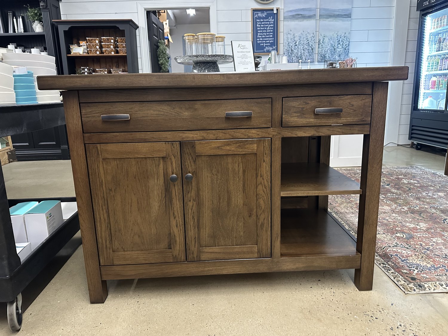 Front view of an Amish maid kitchen island in rustic Hickory with a wood butcher block top - handcrafted furniture