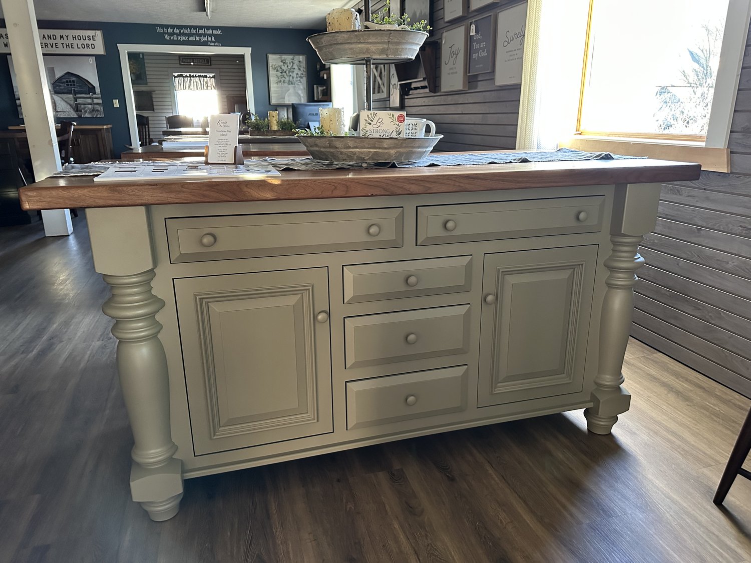 Front view of an Amish made kitchen island in solid maple with a walnut butcher block top - handcrafted furniture