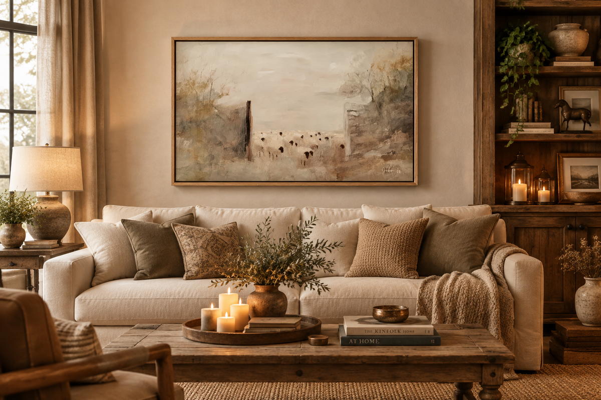 Framed canvas art showing sheep entering through a gate hung in a living room