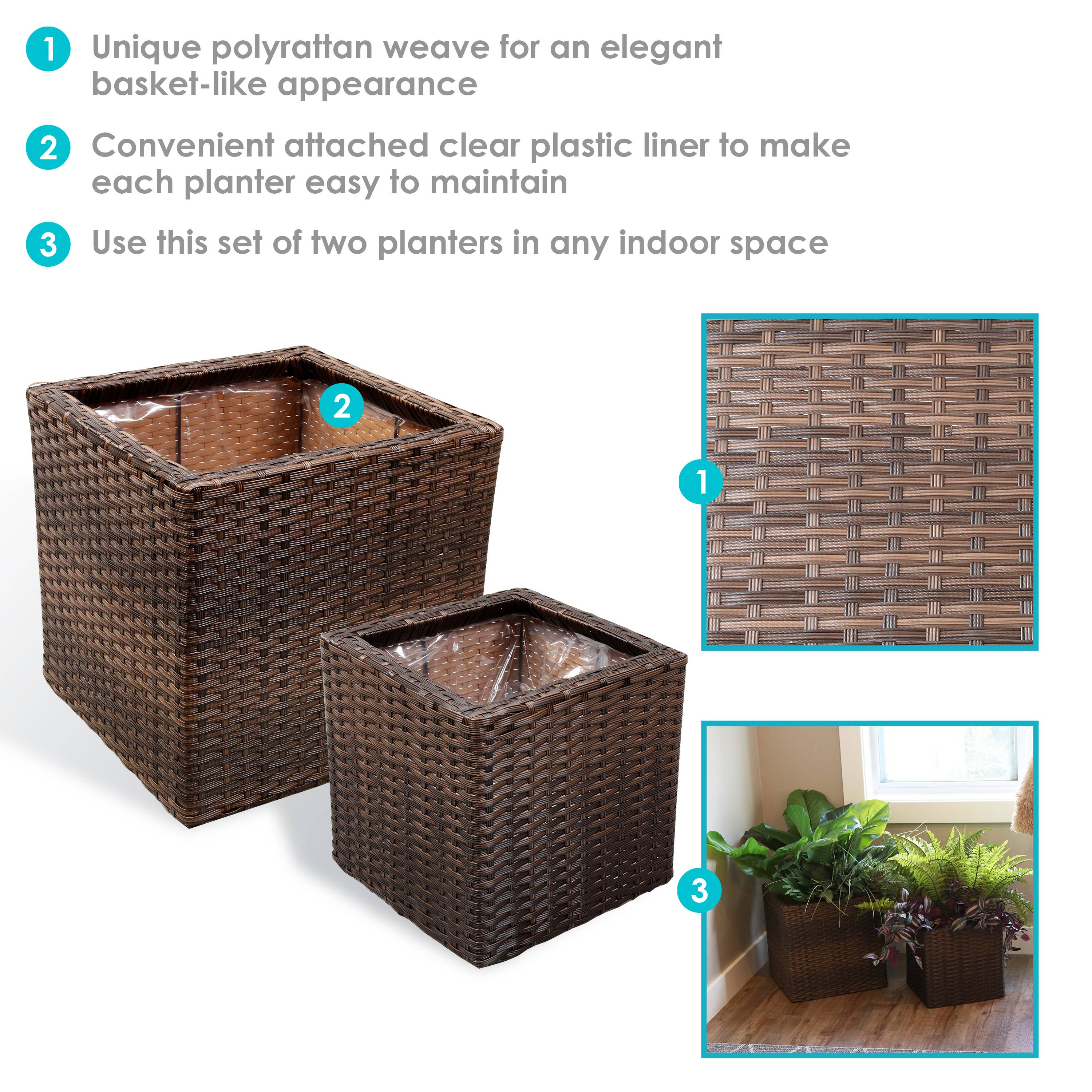 Square Polyrattan Indoor Planters - 1 Large/1 Small - Brown