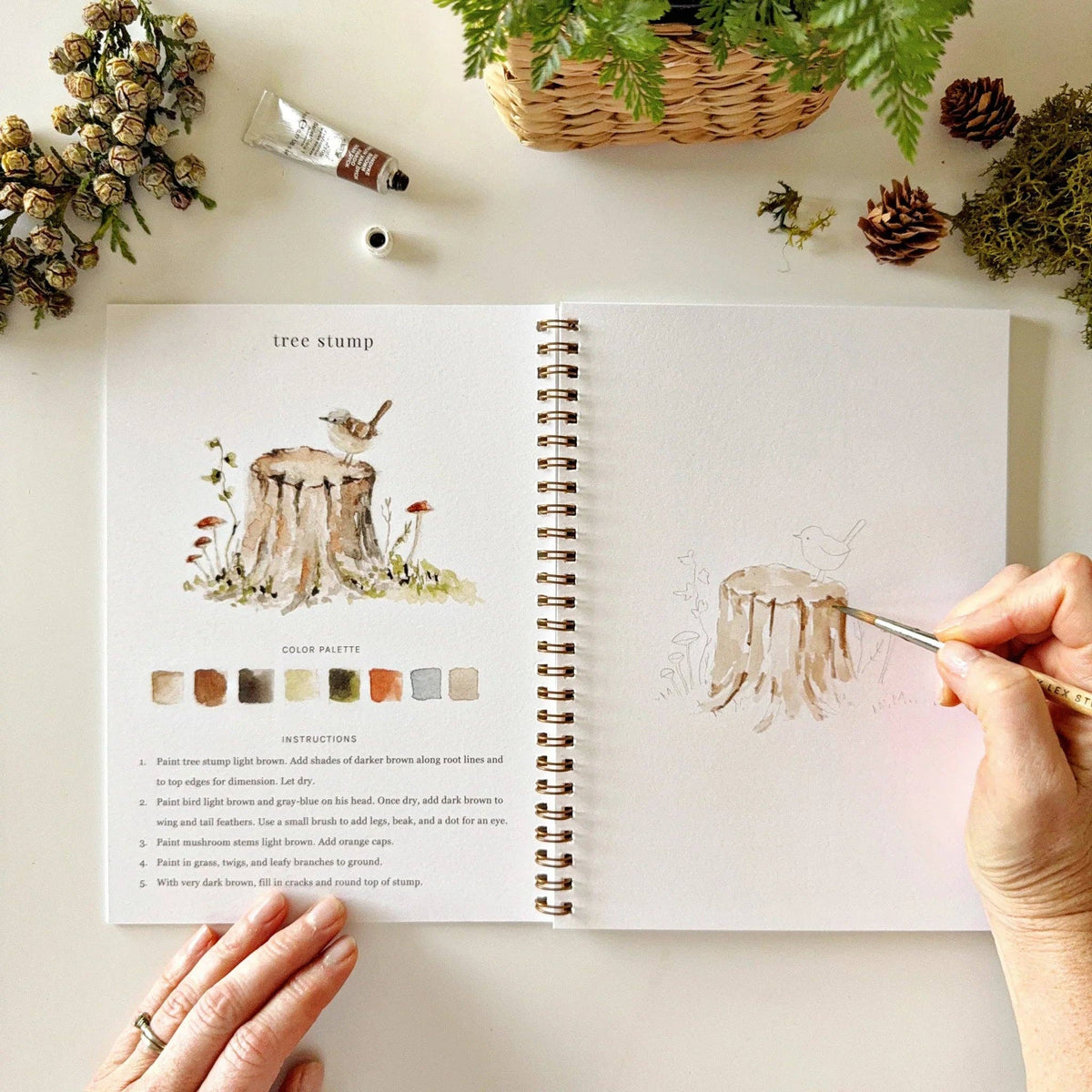 Person drawing a tree stump illustration from a coloring book with nature-themed decor.
