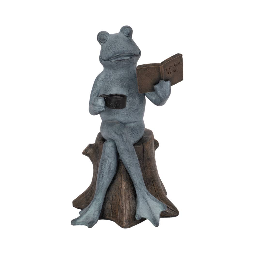 Figurine - Green Resin Frog with Book and Coffee, 13 in.