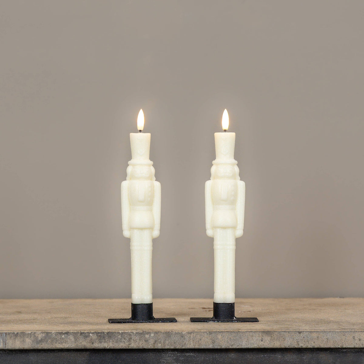SET/2, 9.75" 3D FLAME CREAM SHIMMER NUTCRACKER TAPER CANDLES