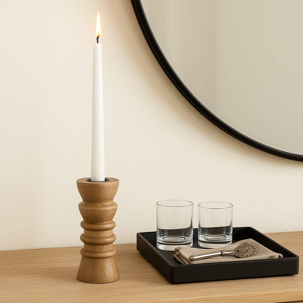 Taper Holder - Tan Wood/Metal Modern Totem Carved, 6 in.