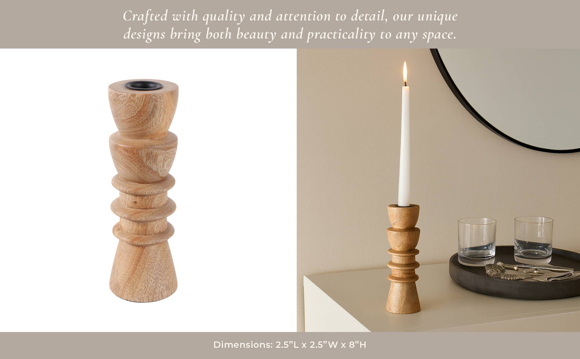 Taper Holder - Tan Wood/Metal Modern Totem Carved, 8 in.