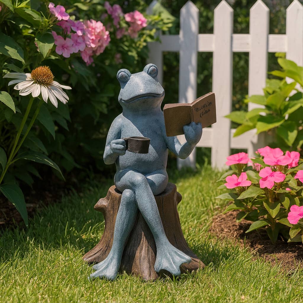 Figurine - Green Resin Frog with Book and Coffee, 13 in.