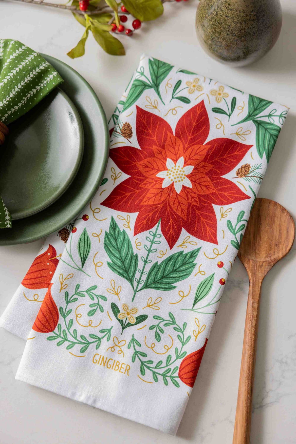 Christmas Poinsettia Tea Towel - Holiday Kitchen Towel