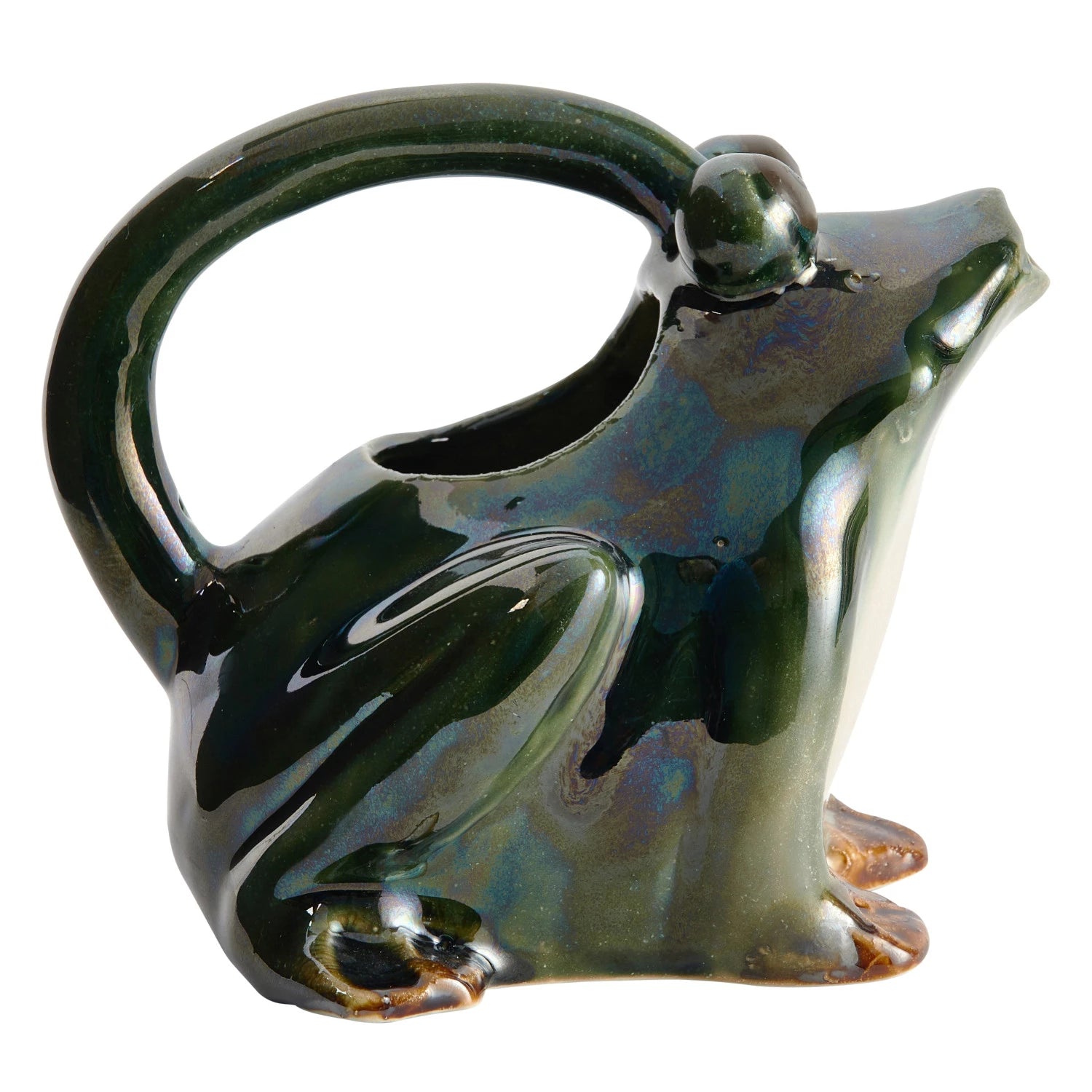 32 oz. Stoneware Frog Watering Pitcher, Reactive Glaze, Green, White & Brown